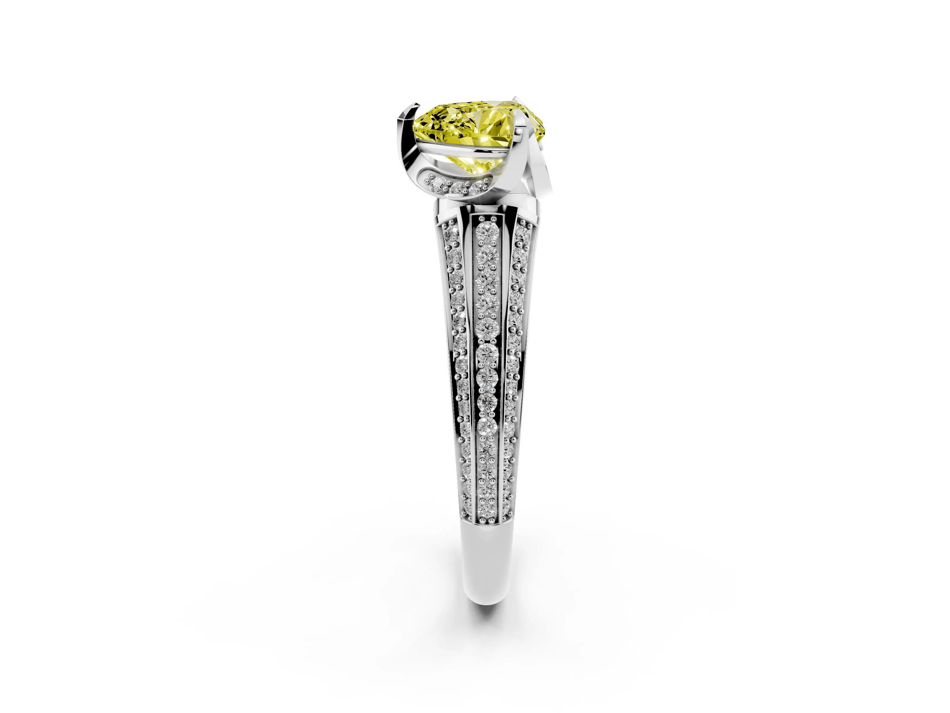 Fancy Yellow Heart Cut Diamond Pavé Split Shank Solitaire Ring Set in Silver with Prong Setting
