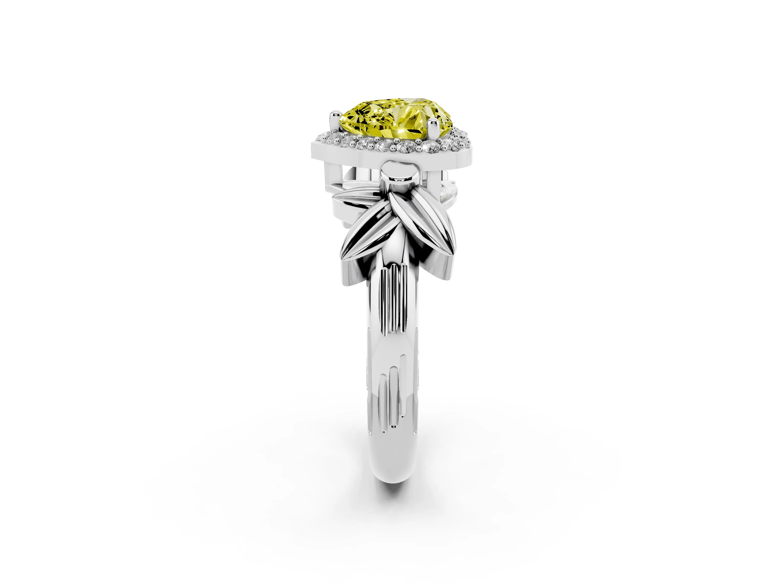 Fancy Yellow Heart Cut Diamond Halo Floral Band Ring Set in Silver with Prong Setting