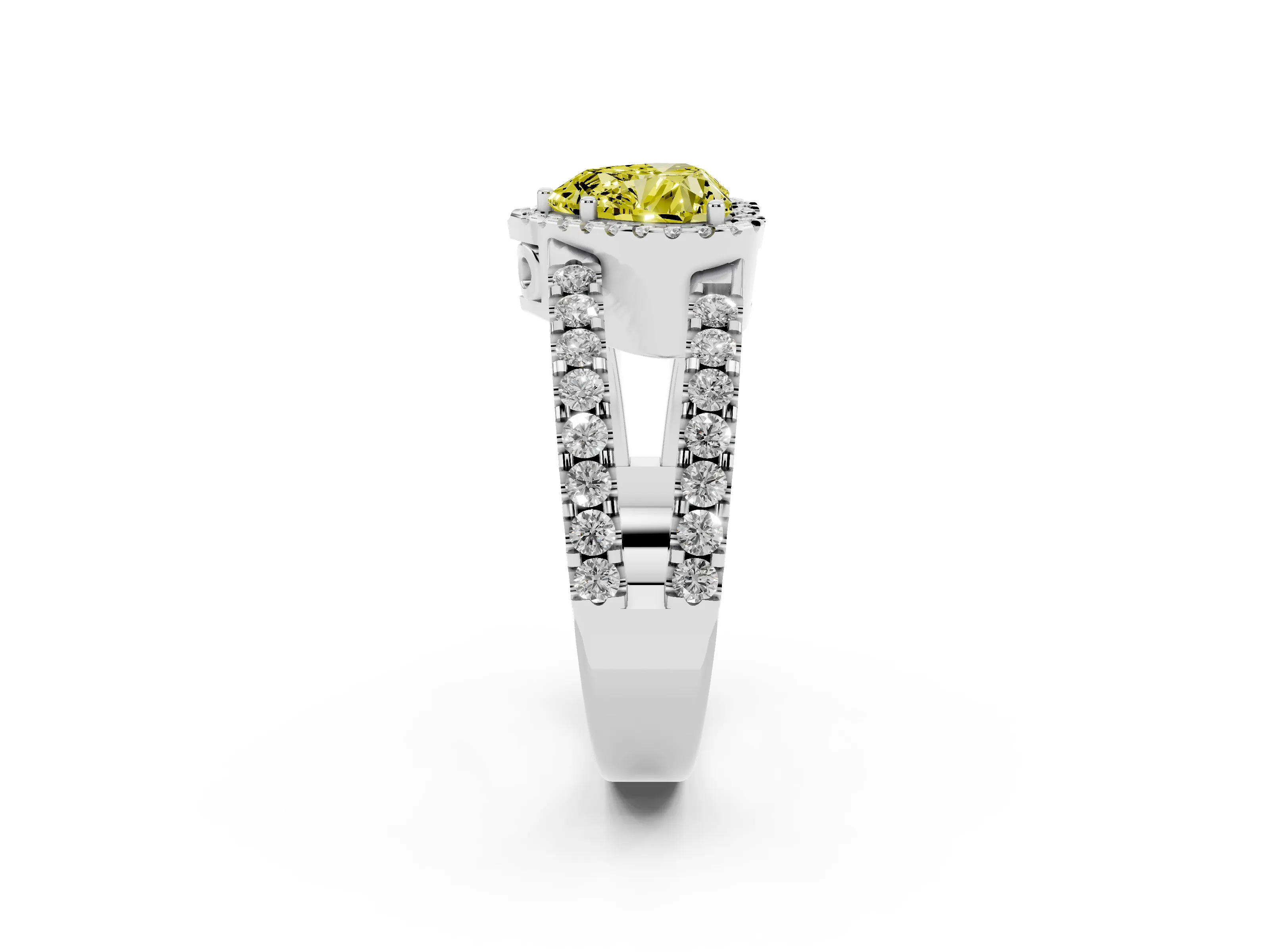 Fancy Yellow Heart Cut Diamond Halo Ring Set in Silver with Pavé Split Shank and Prong Setting