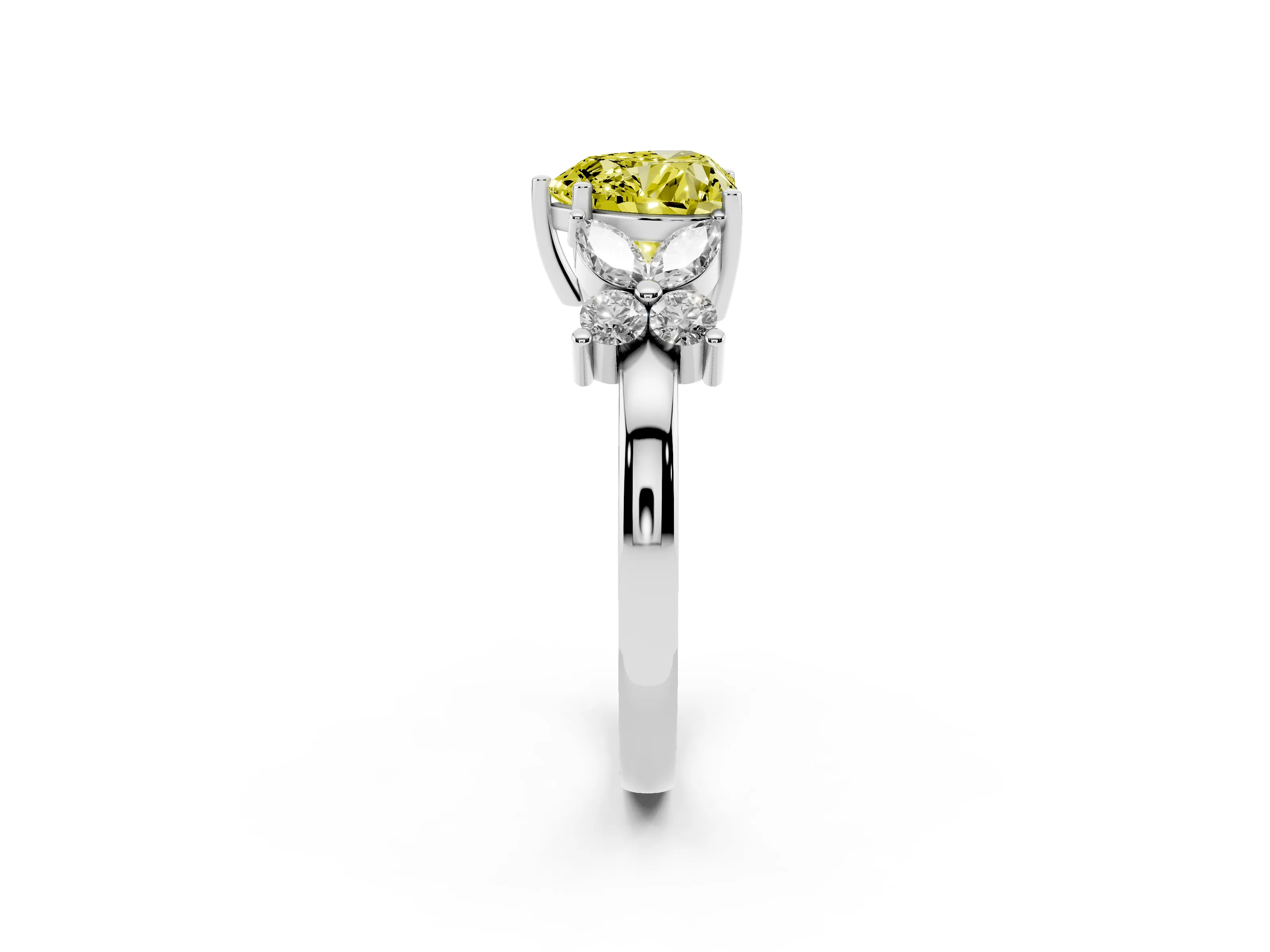 Fancy Yellow Heart Cut Diamond Floral Cluster Ring Set in Platinum with Marquise Petals and Prong Setting