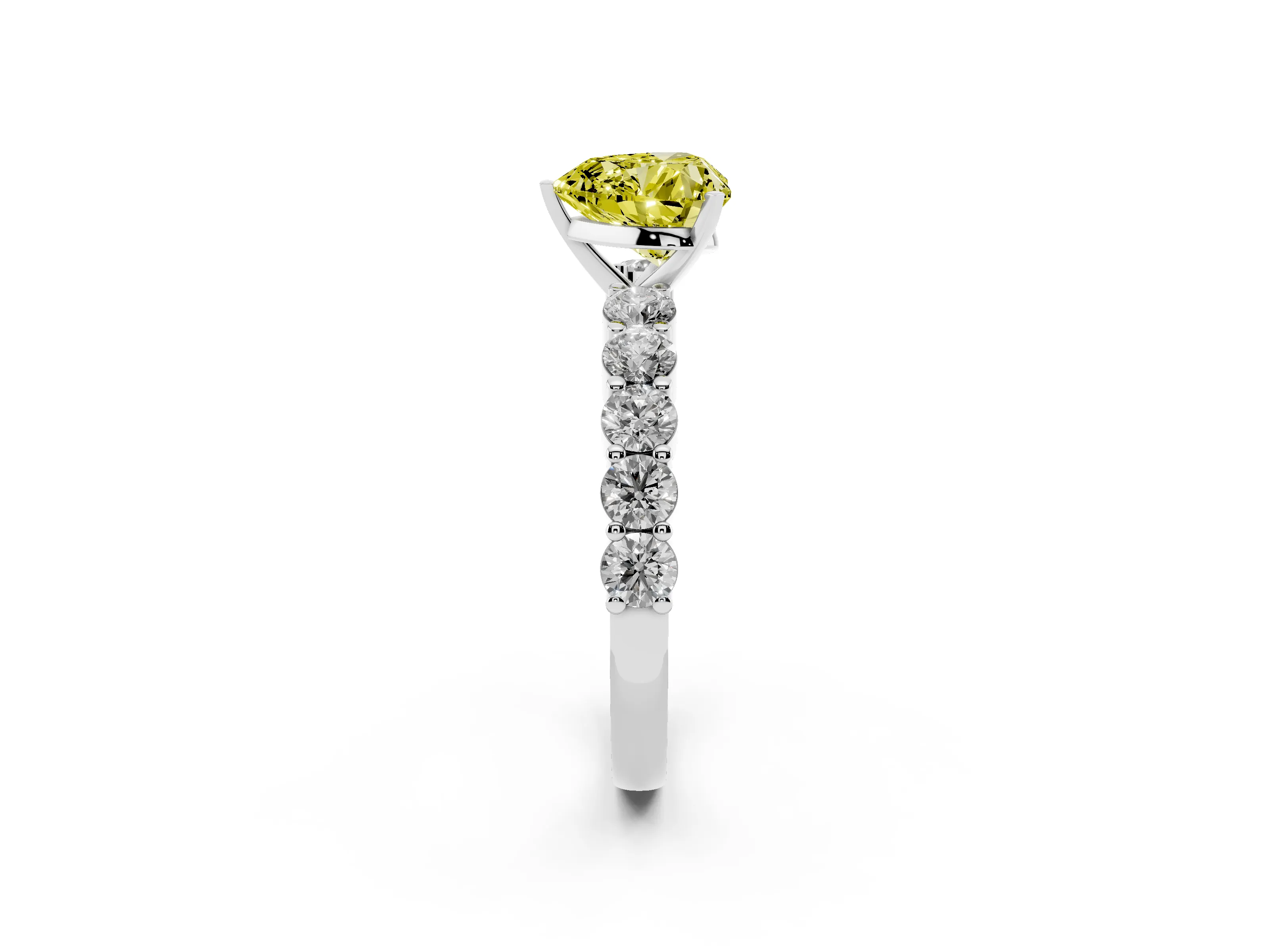Fancy Yellow Heart Cut Diamond Solitaire Ring Set in White gold with Shared Prong Round Side Stones