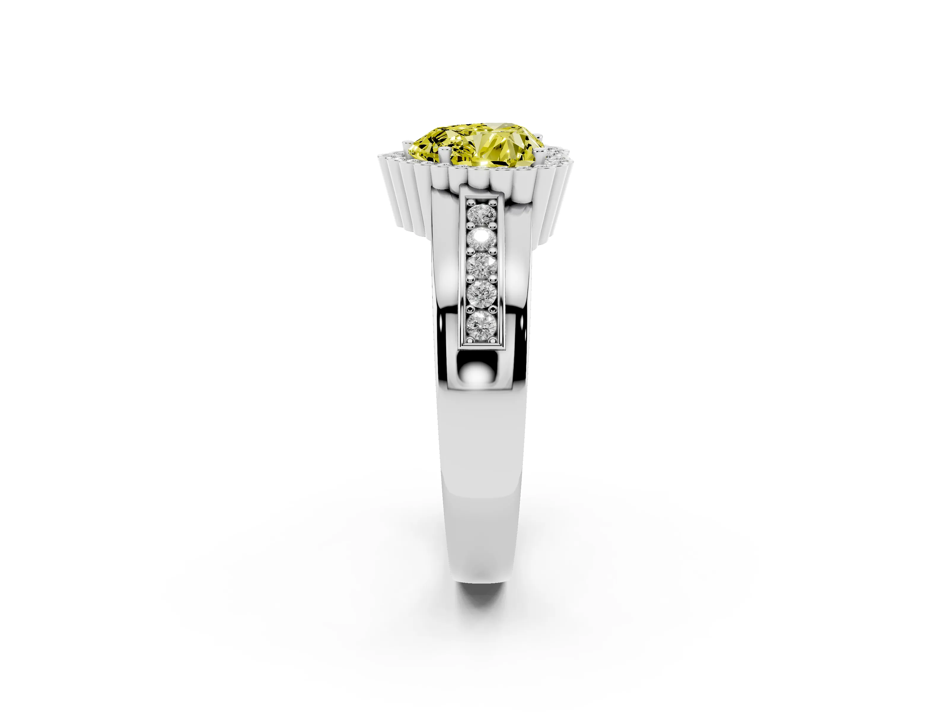 Fancy Yellow Heart Cut Diamond Halo Prong Ring Set in Platinum with Pavé Band