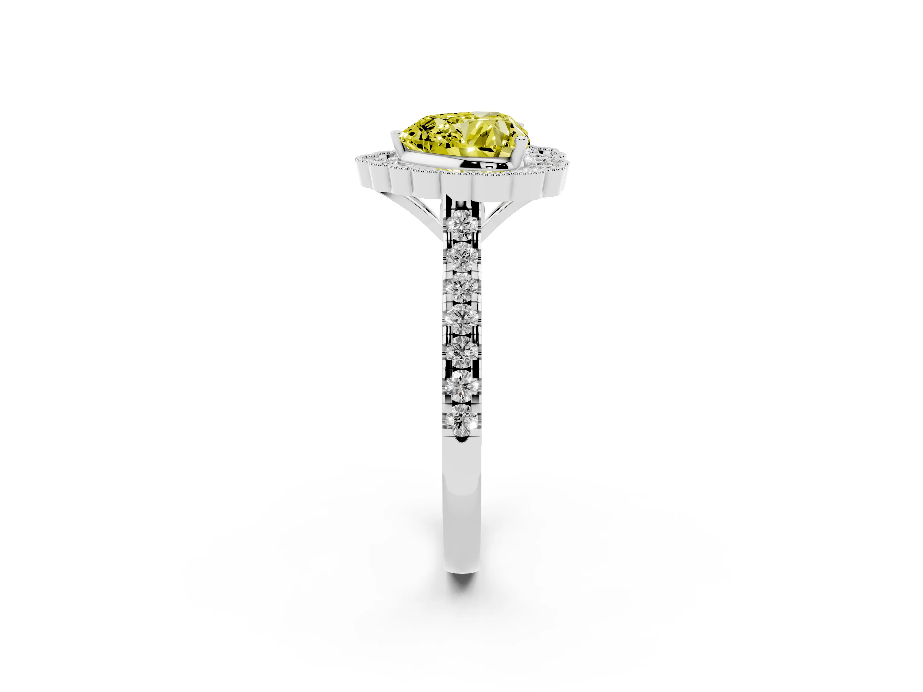 Fancy Yellow Heart Cut Diamond Milgrain Floral Halo Engagement Ring Set in White gold with Pavé Band