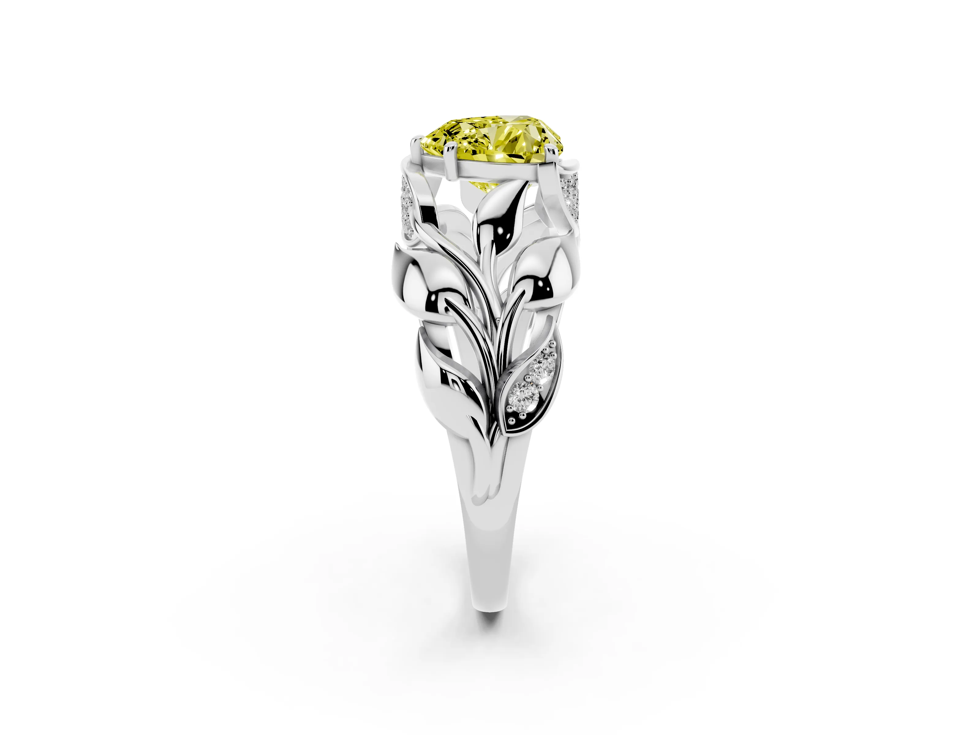 Fancy Yellow Heart Cut Diamond Leaf-Inspired Engagement Ring Set in Platinum with Round Accents