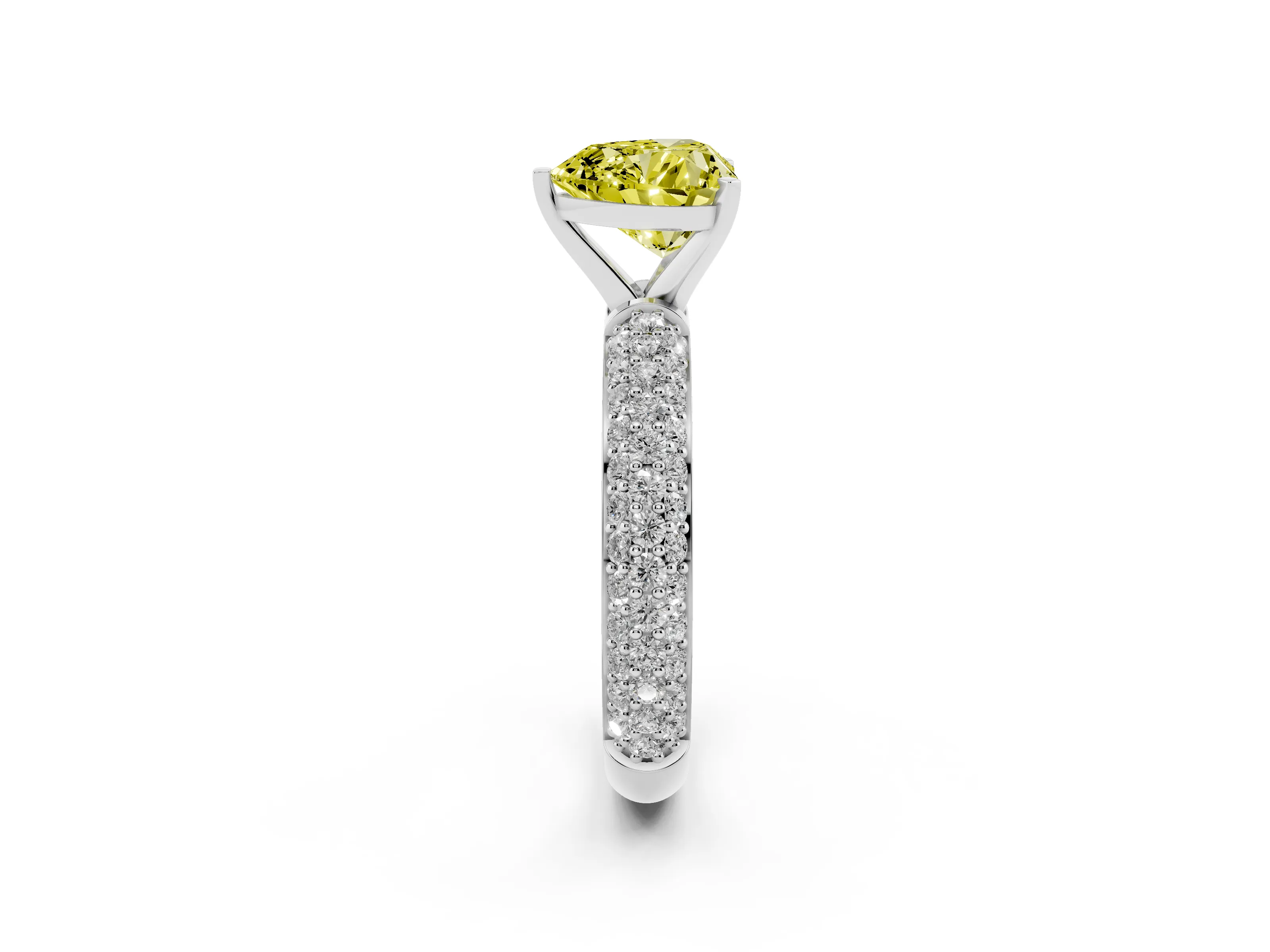 Fancy Yellow Heart Cut Diamond Solitaire Ring Set in White gold with Prong Setting and Pavé-Set Band