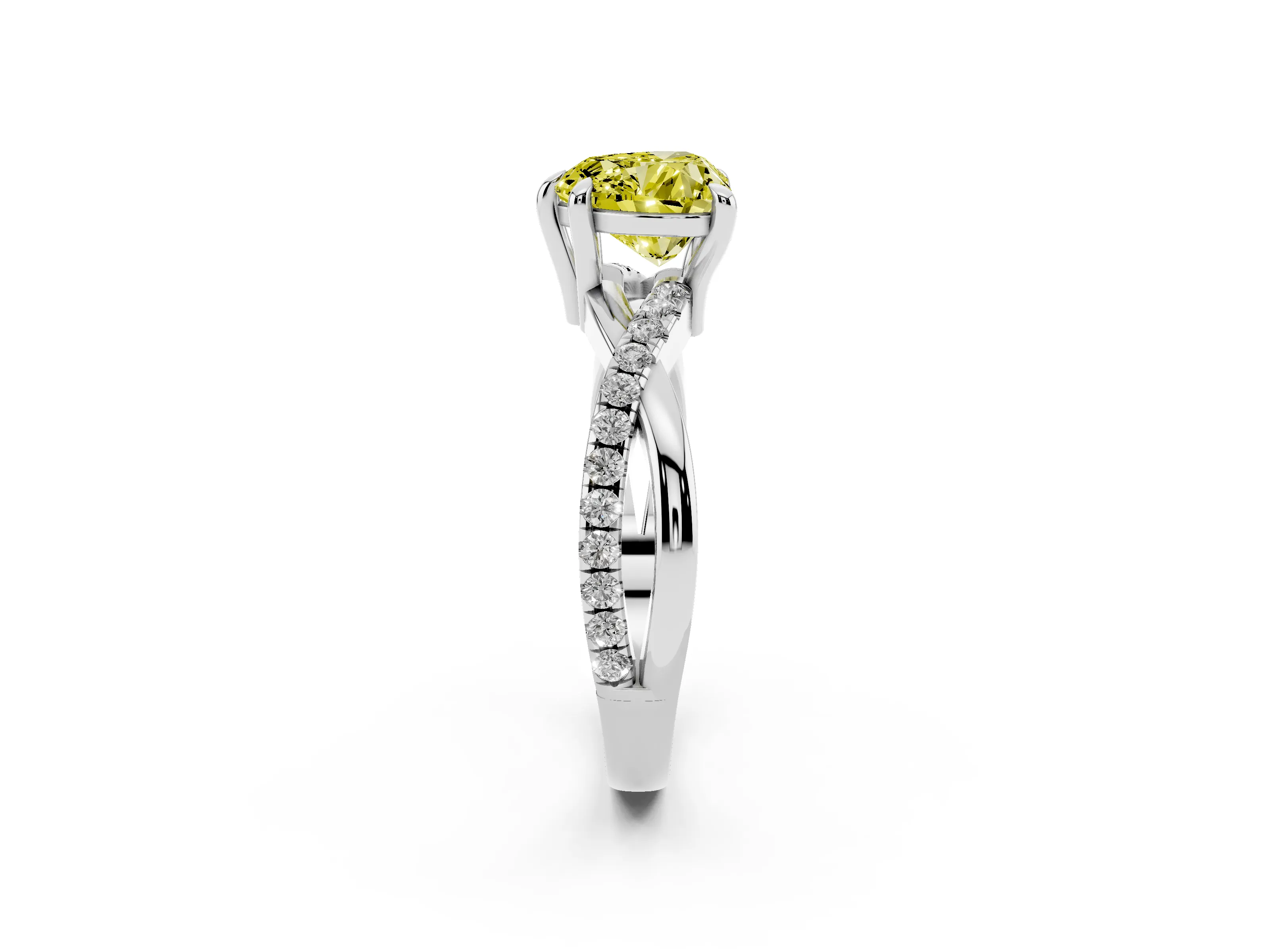 Fancy Yellow Heart Cut Diamond Twist Band Solitaire Set in White gold with Pavé Accents and Prong Setting