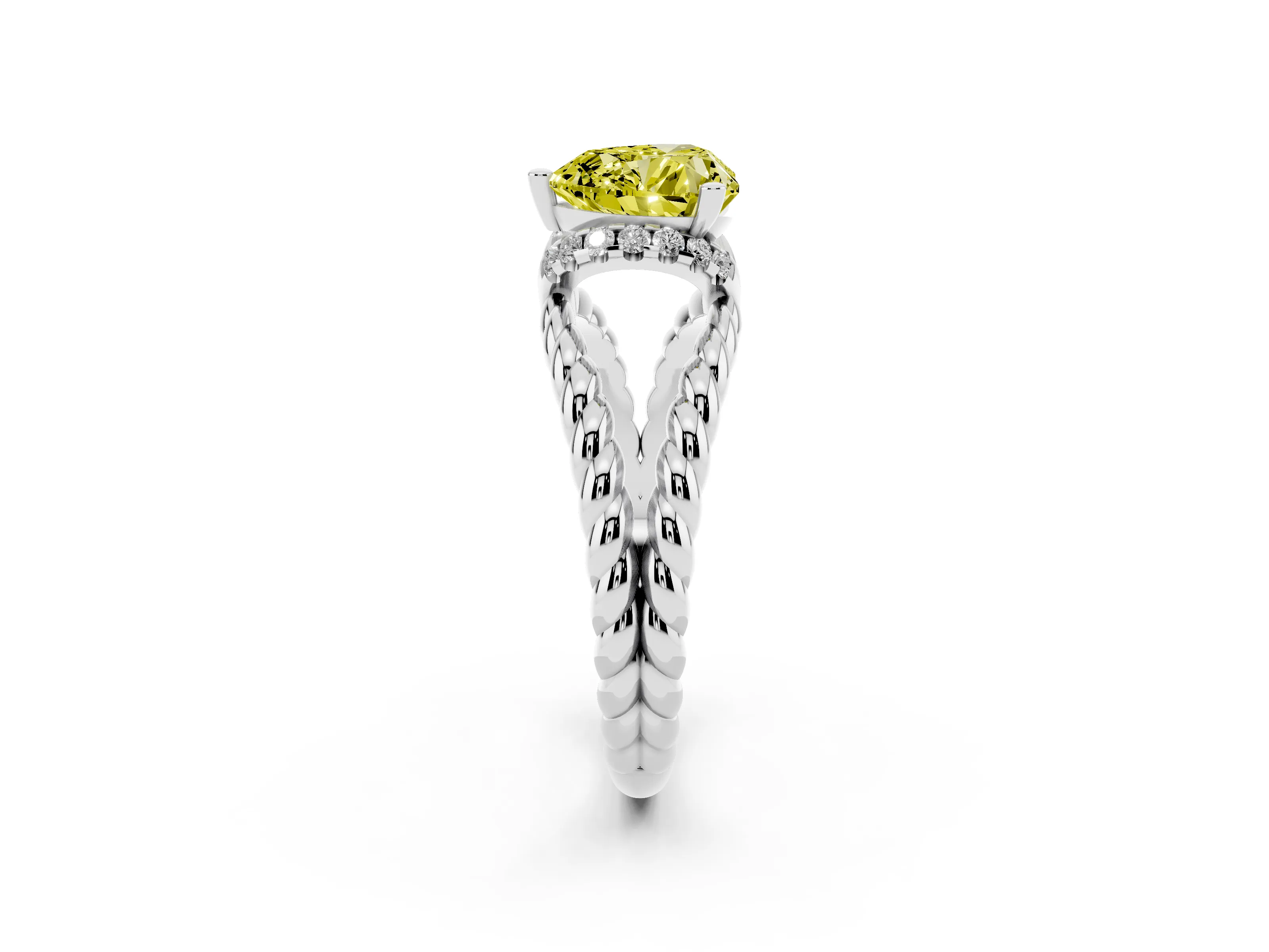 Fancy Yellow Heart Cut Diamond Halo Ring Set in White gold with Twisted Band and Prong Setting