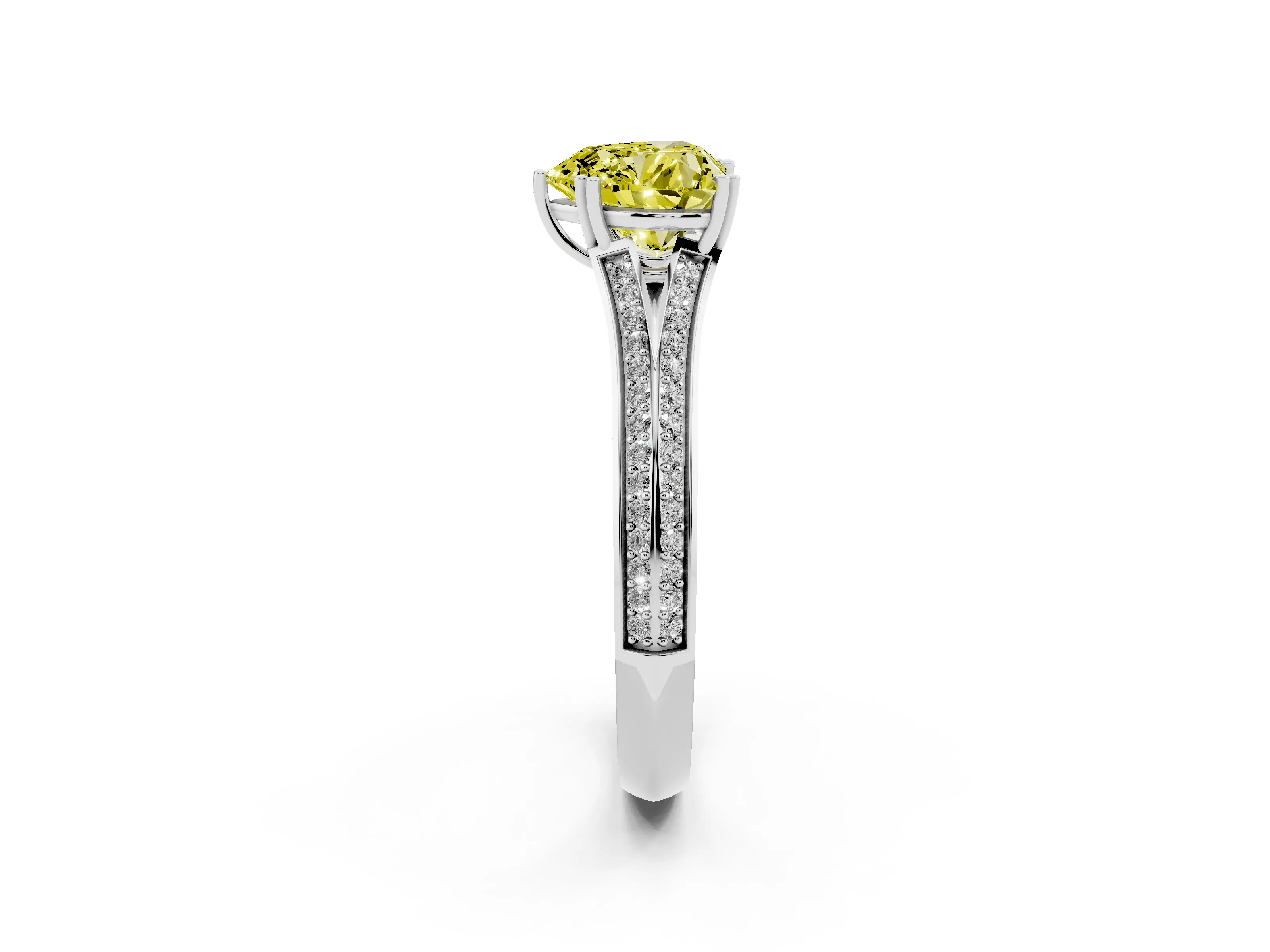 Fancy Yellow Heart Cut Diamond Split Shank Pavé Engagement Ring Set in White gold with Prong-Set Center Stone