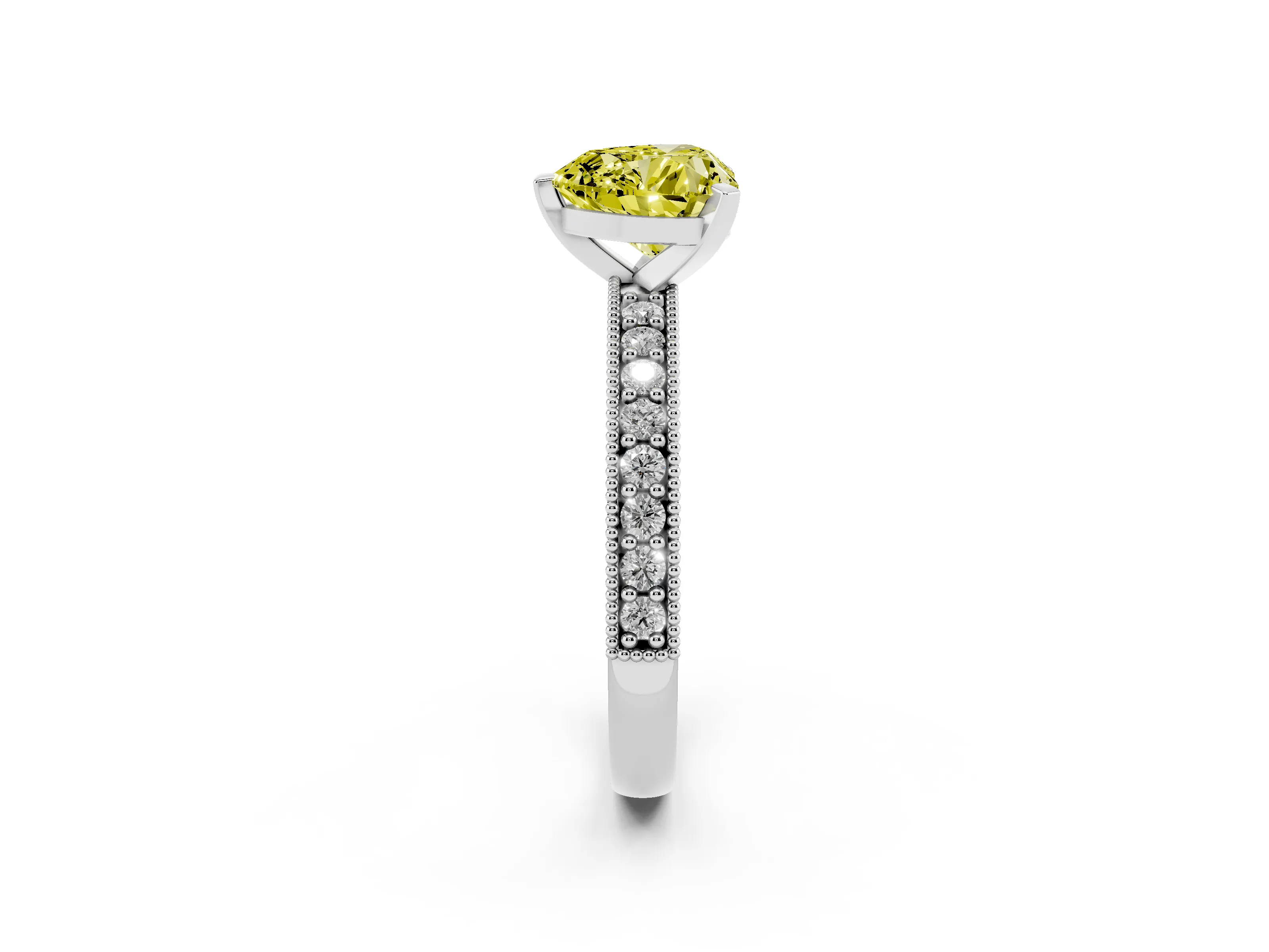 Fancy Yellow Heart Cut Diamond Milgrain Pavé Engagement Ring Set in Silver with Prong Setting