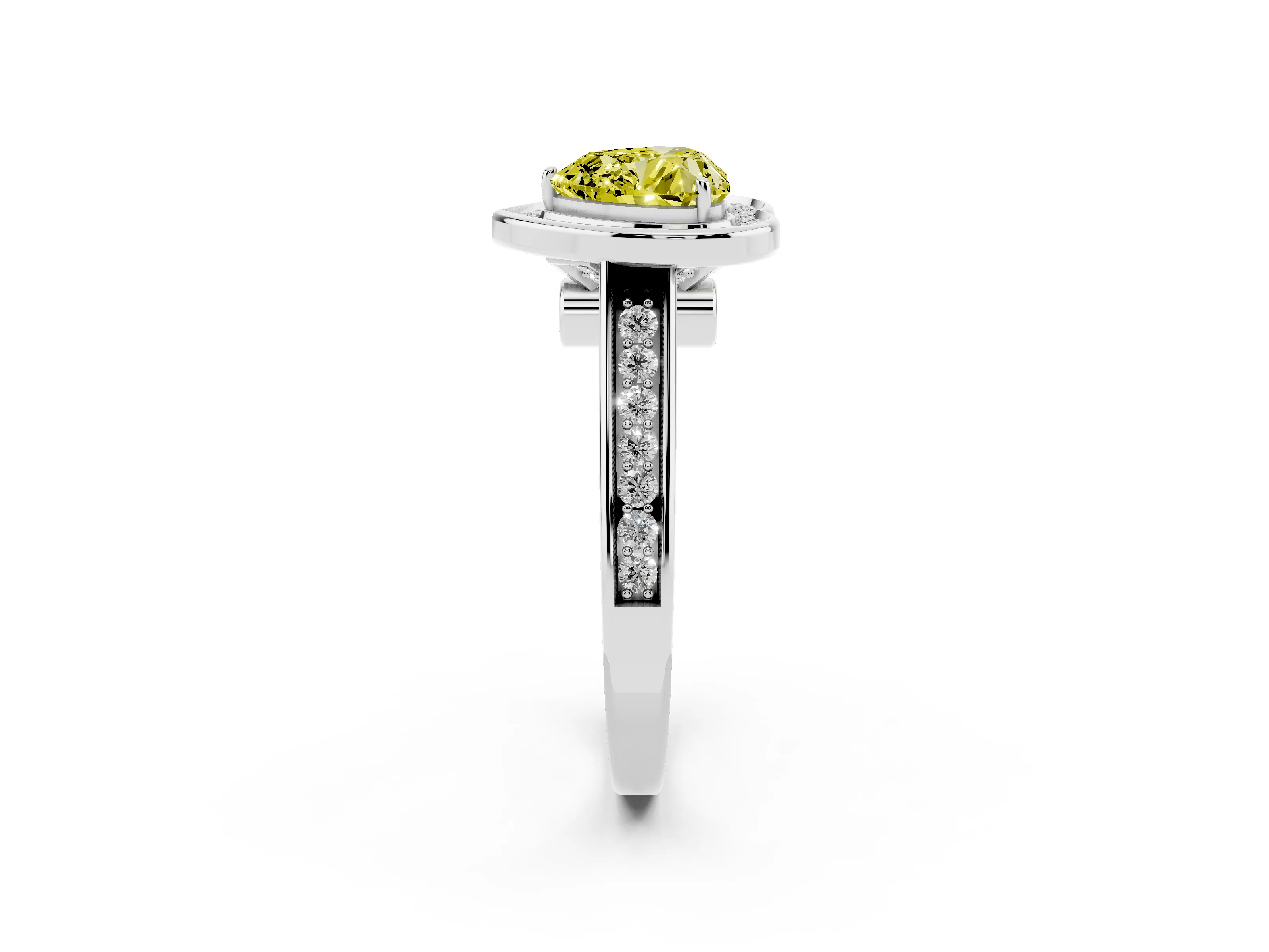 Fancy Yellow Heart Cut Diamond Halo Solitaire Ring Set in White gold with Pavé Band and Bezel Setting