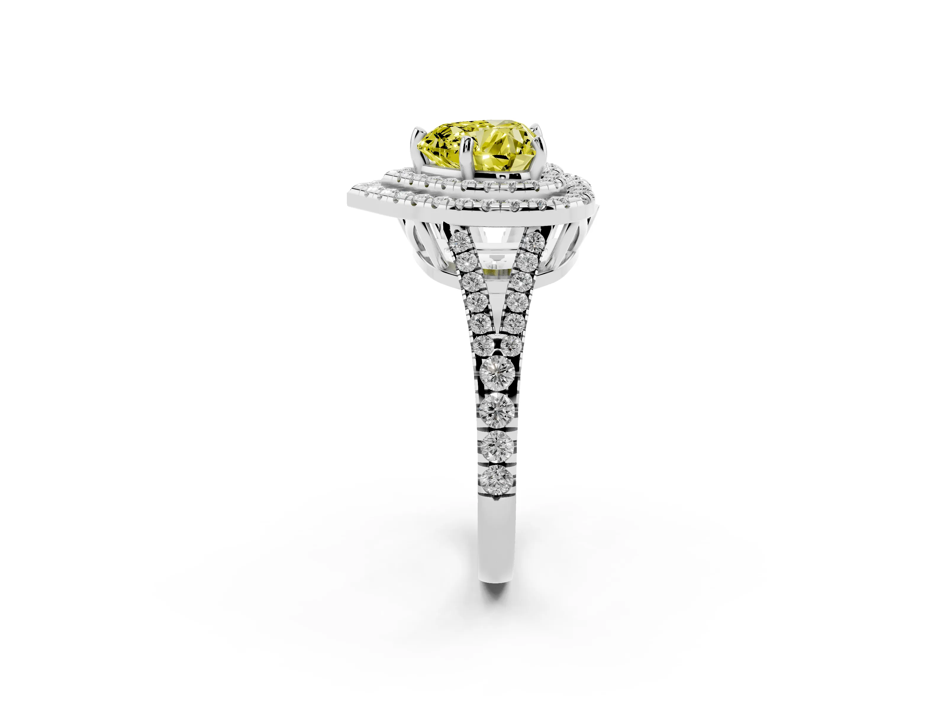 Fancy Yellow Heart Cut Diamond Double Halo Ring Set in Platinum with Pavé Band