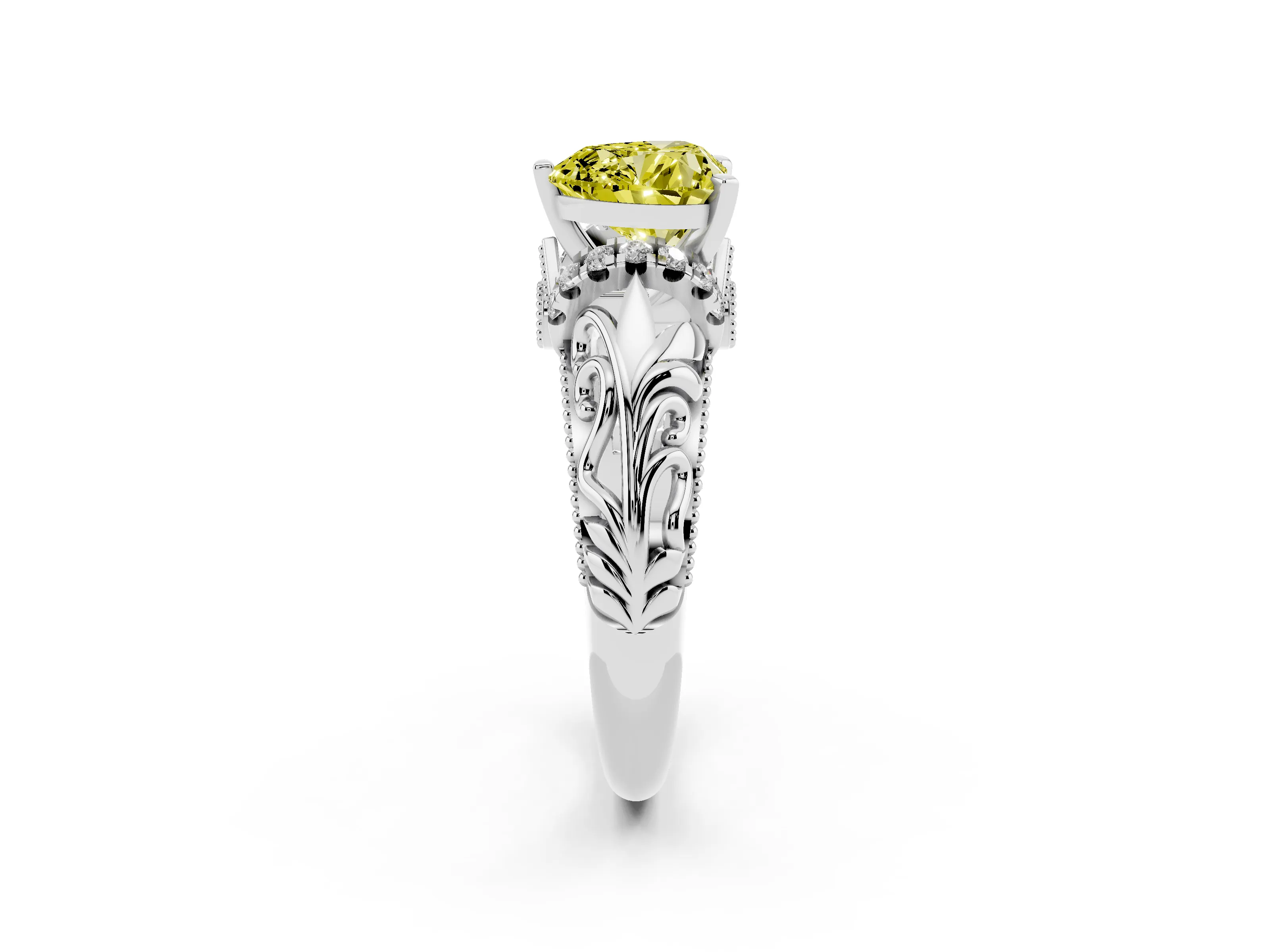 Fancy Yellow Heart Cut Diamond Filigree Halo Engagement Ring Set in Silver with Prong Setting