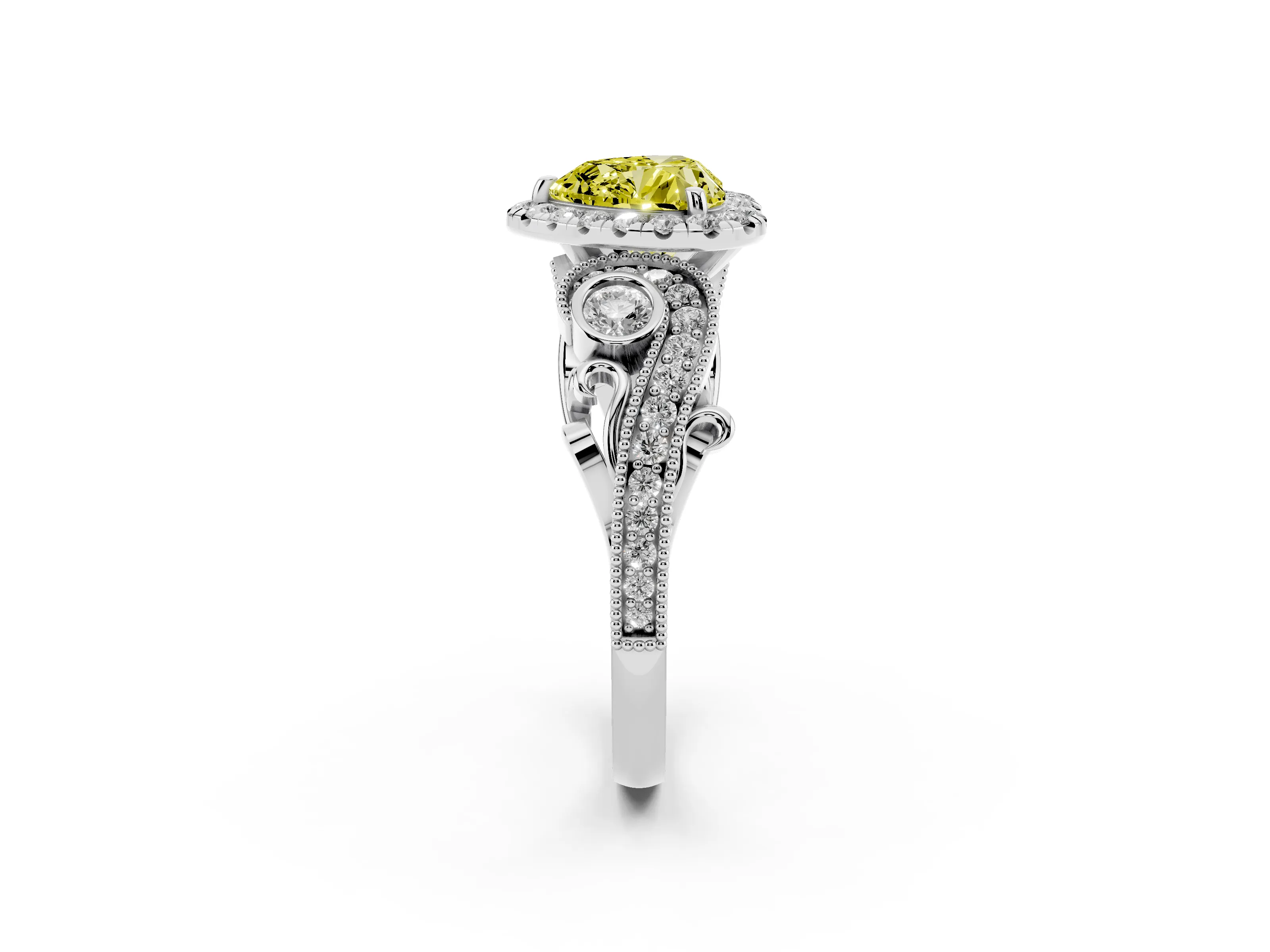 Fancy Yellow Heart Cut Diamond Halo Ring Set in Silver with Milgrain Pavé Band and Prong Setting