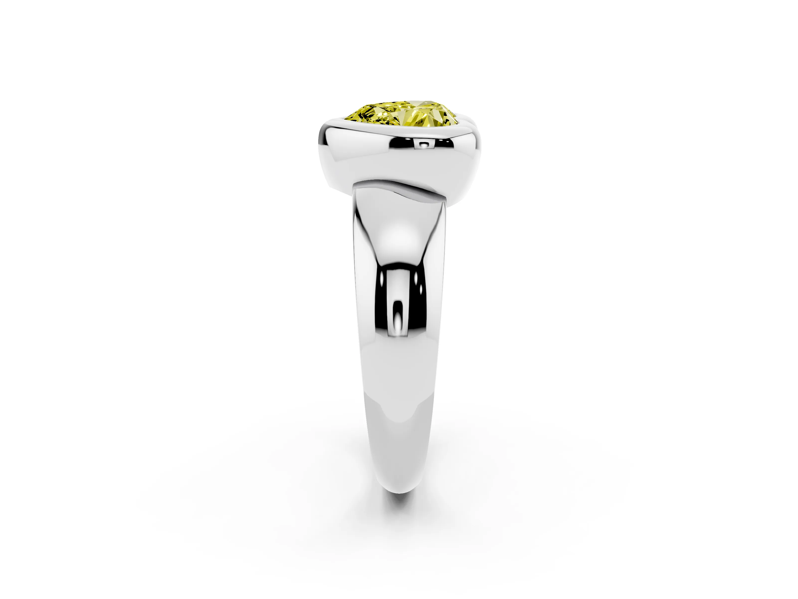 Fancy Yellow Bezel Set Heart Cut Diamond Solitaire Ring Set in White gold with Wide Band