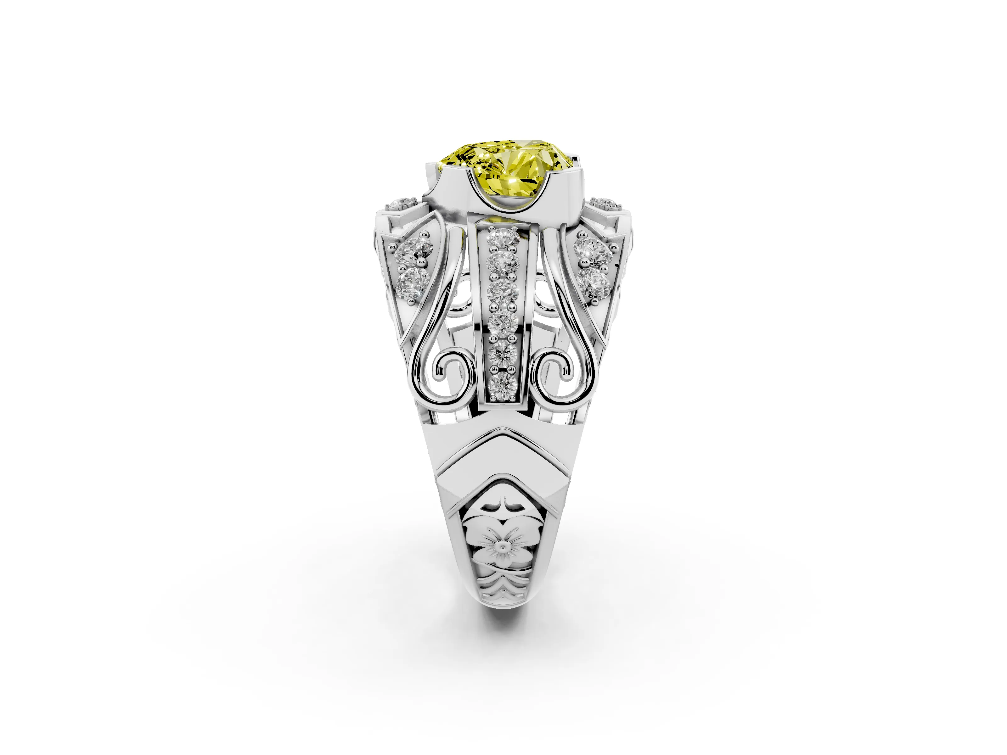 Fancy Yellow Heart Cut Diamond Art Deco Ring Set in Platinum with Pavé Split Shank