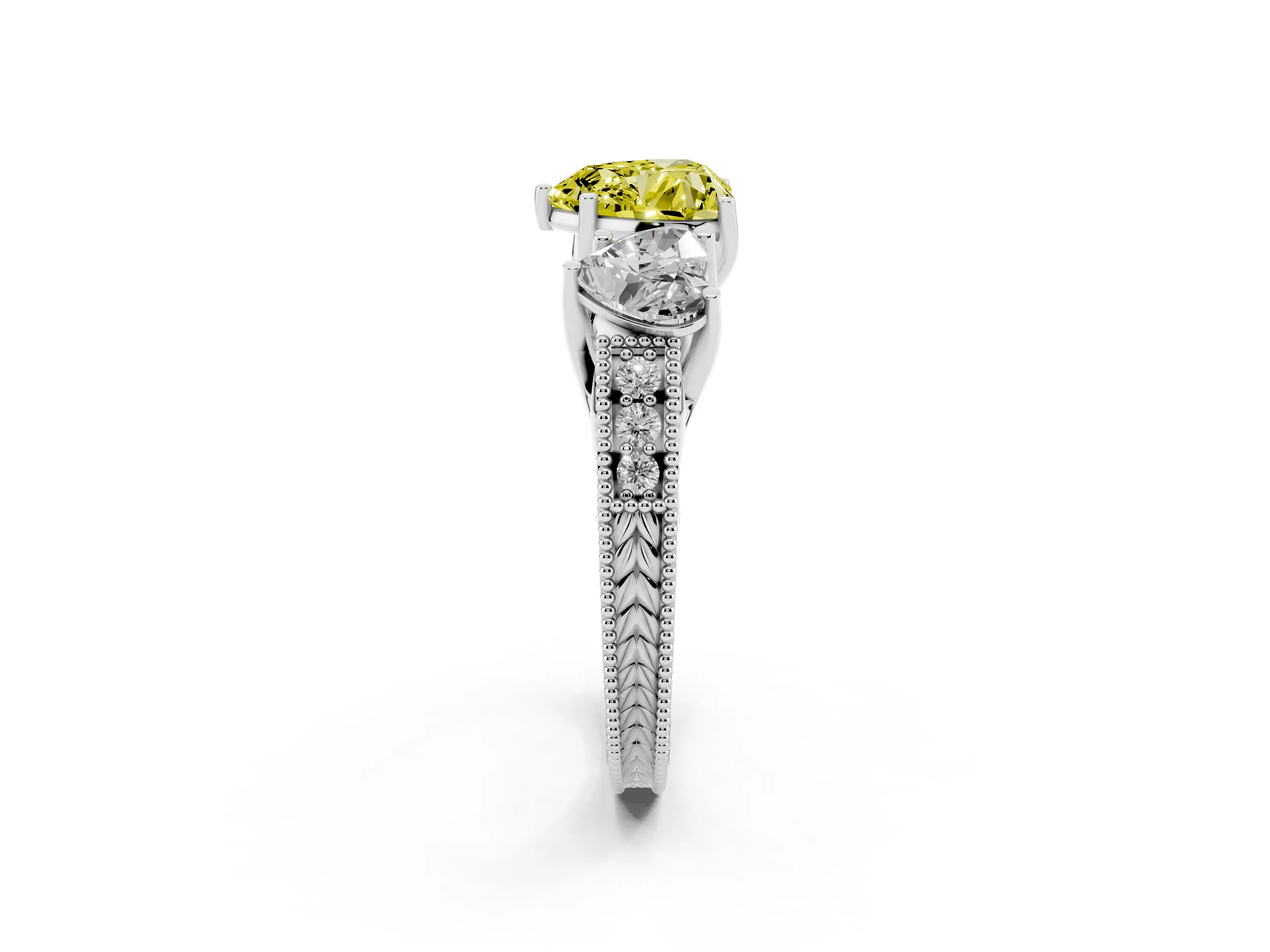 Fancy Yellow Heart Cut Diamond Three-Stone Engagement Ring Set in Silver with Milgrain Pavé Band