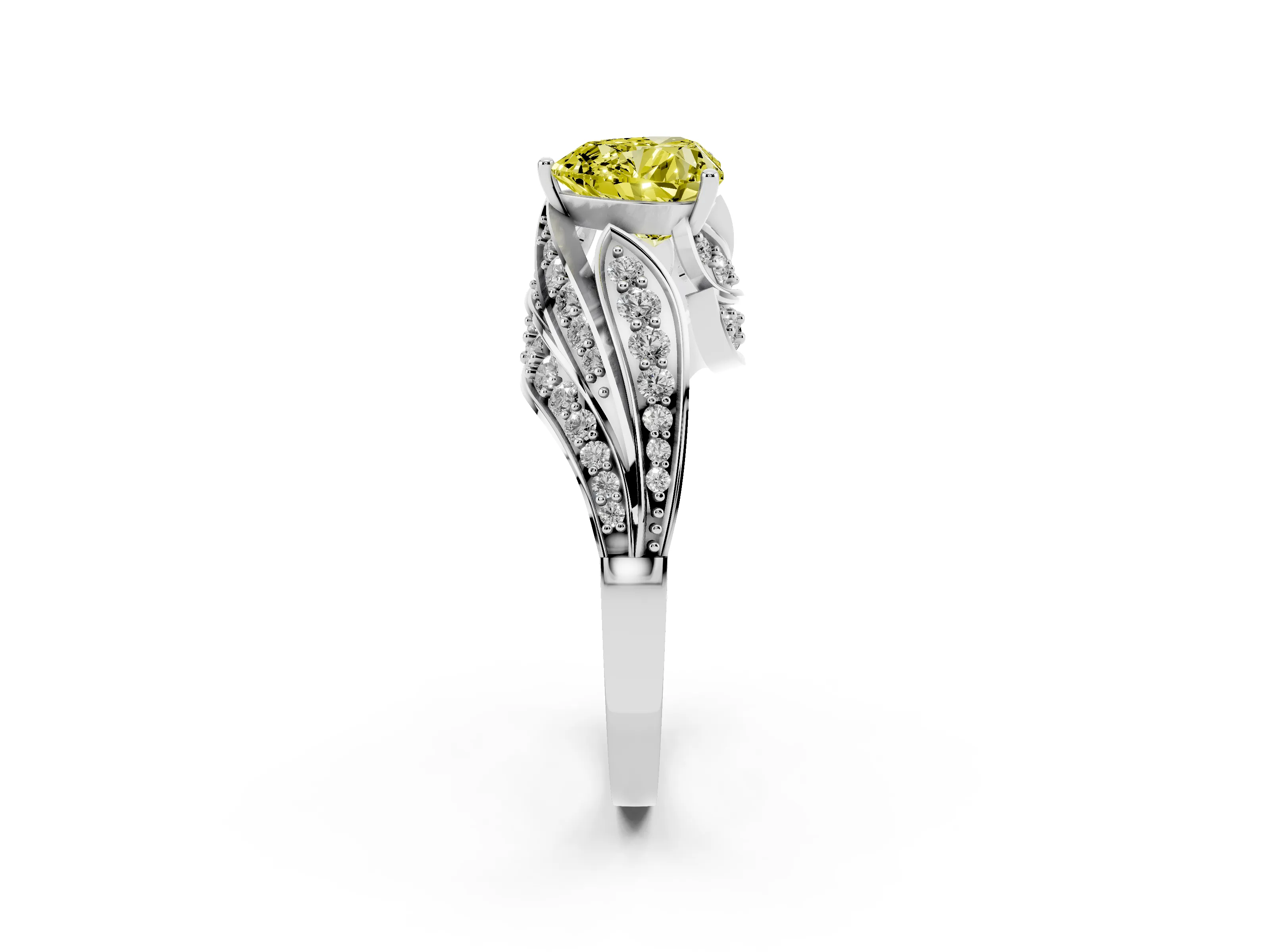 Fancy Yellow Heart Cut Diamond Solitaire Ring Set in Platinum with Layered Twist Pavé Band