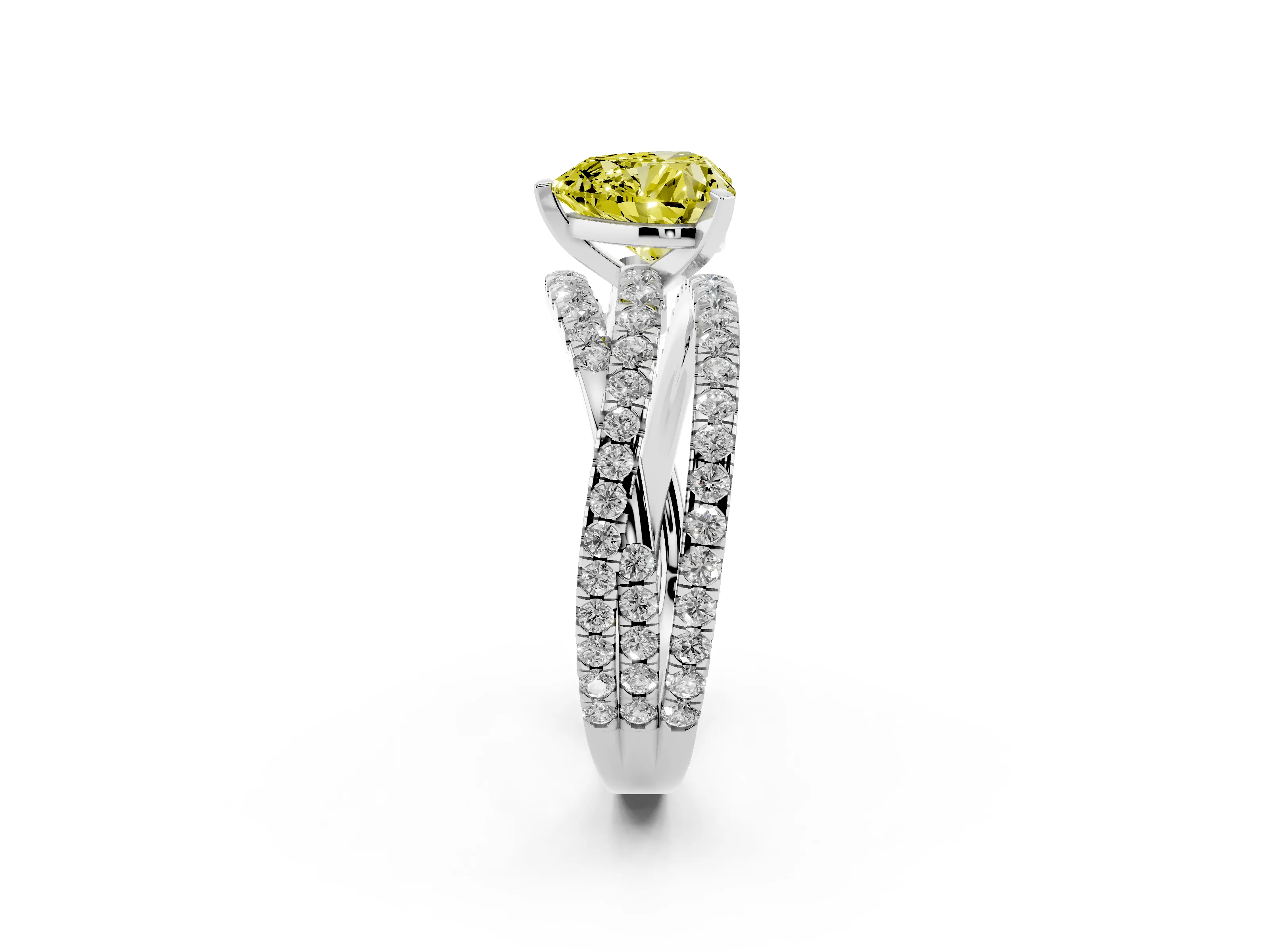 Fancy Yellow Heart Cut Diamond Solitaire Twist Band Ring Set in Silver with Pavé Setting and Prong Head