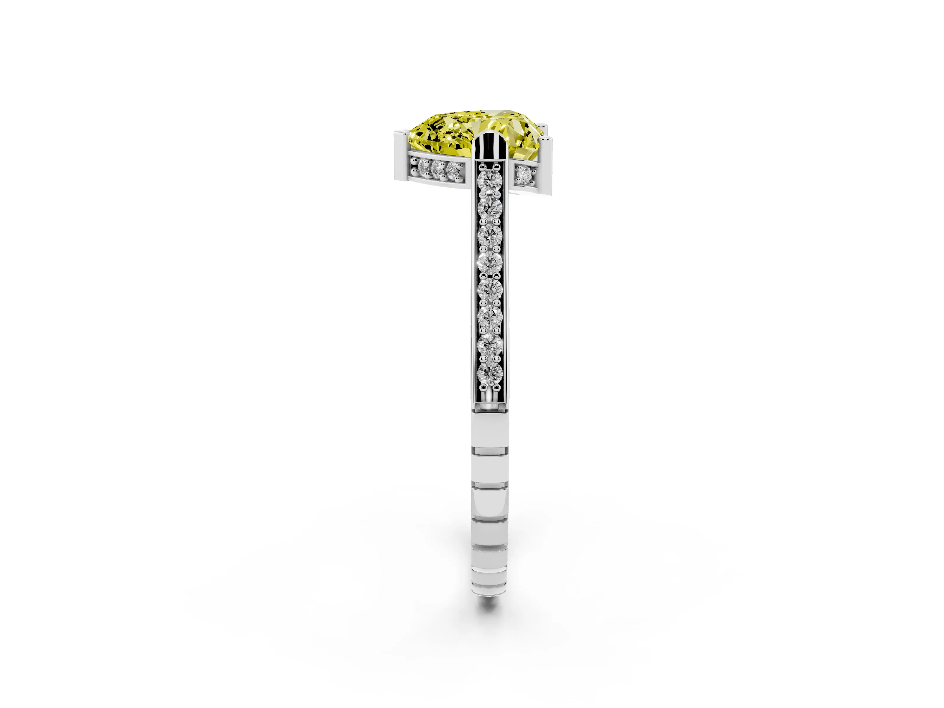 Fancy Yellow Heart Cut Diamond Solitaire Ring Set in White gold with Channel Set Band and Bezel Prong Setting