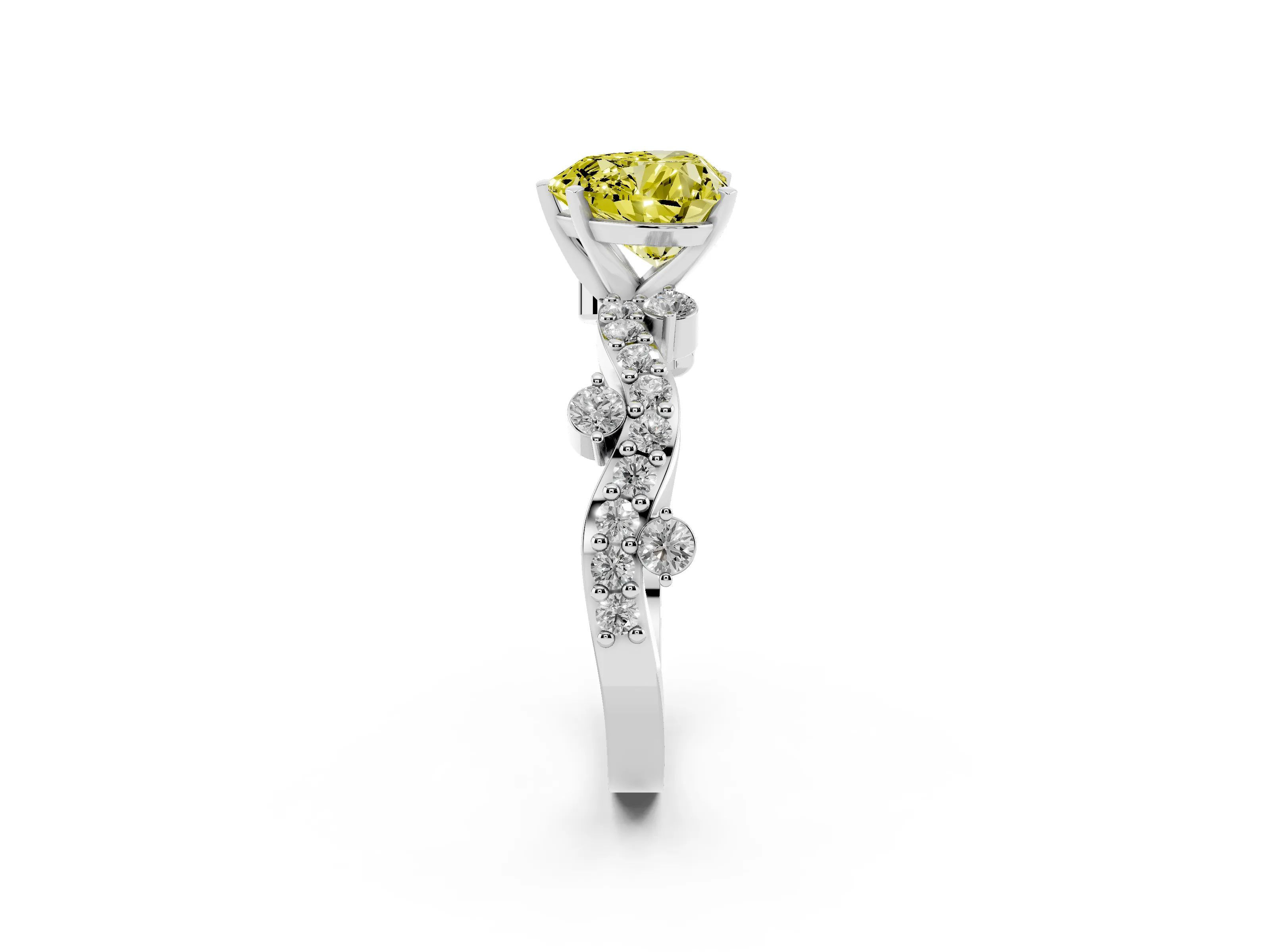Fancy Yellow Heart Cut Diamond Solitaire Twisted Band Set in White gold with Pavé Setting