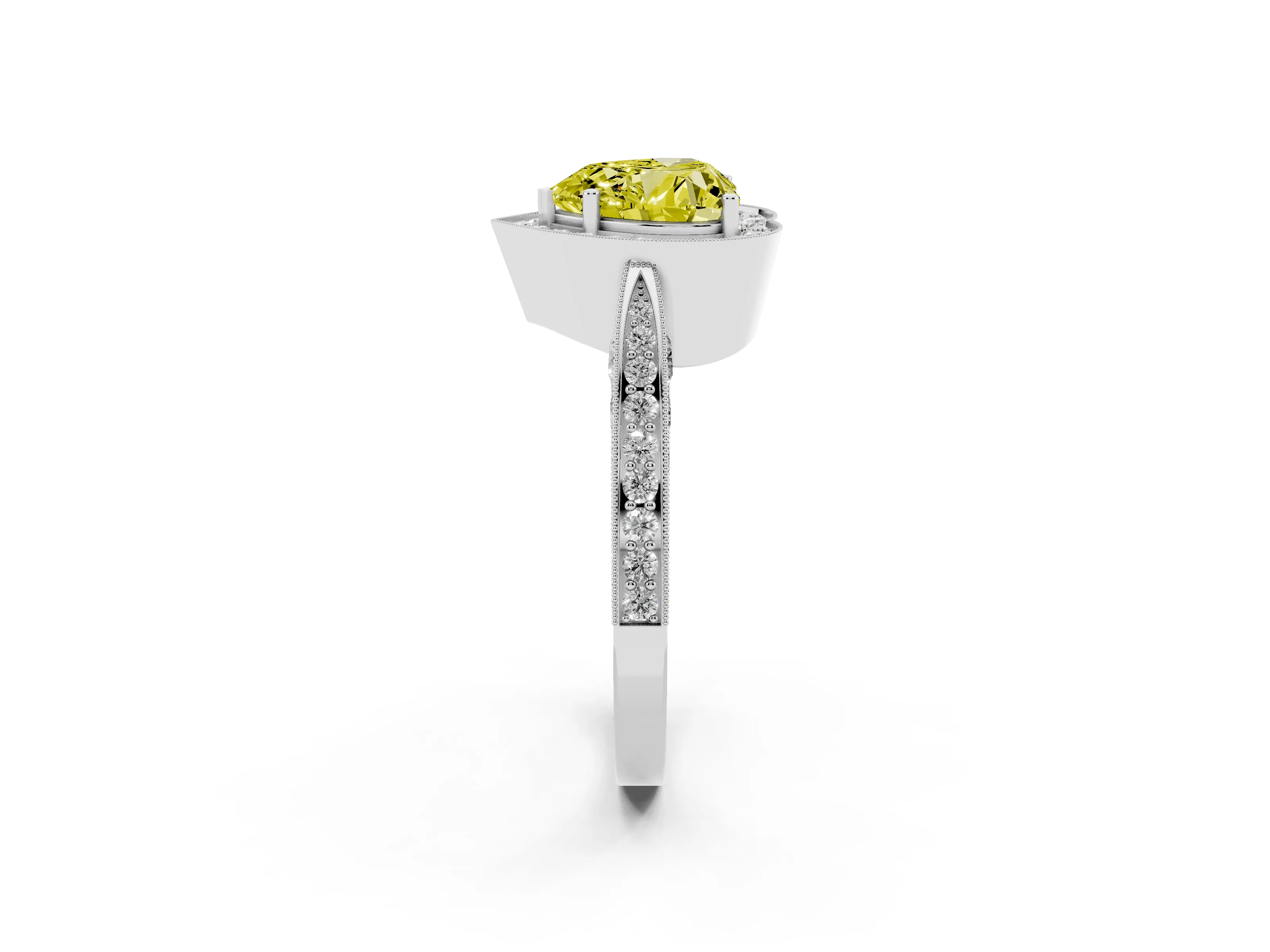 Fancy Yellow Heart Cut Diamond Halo Engagement Ring Set in White gold with Accent Split Shank Band
