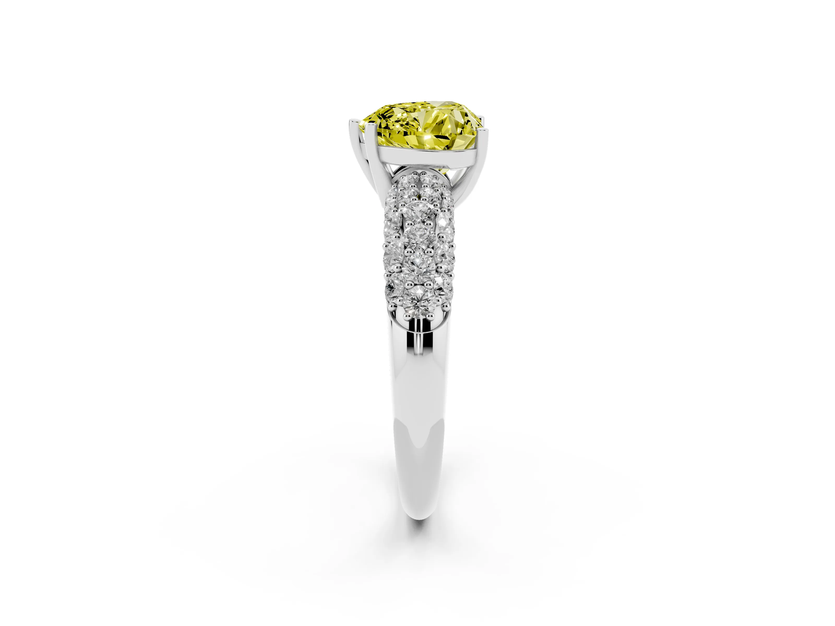 Fancy Yellow Heart Cut Diamond Pavé Band Solitaire Ring Set in Silver with Close-Set Accent Stones and Prong Setting