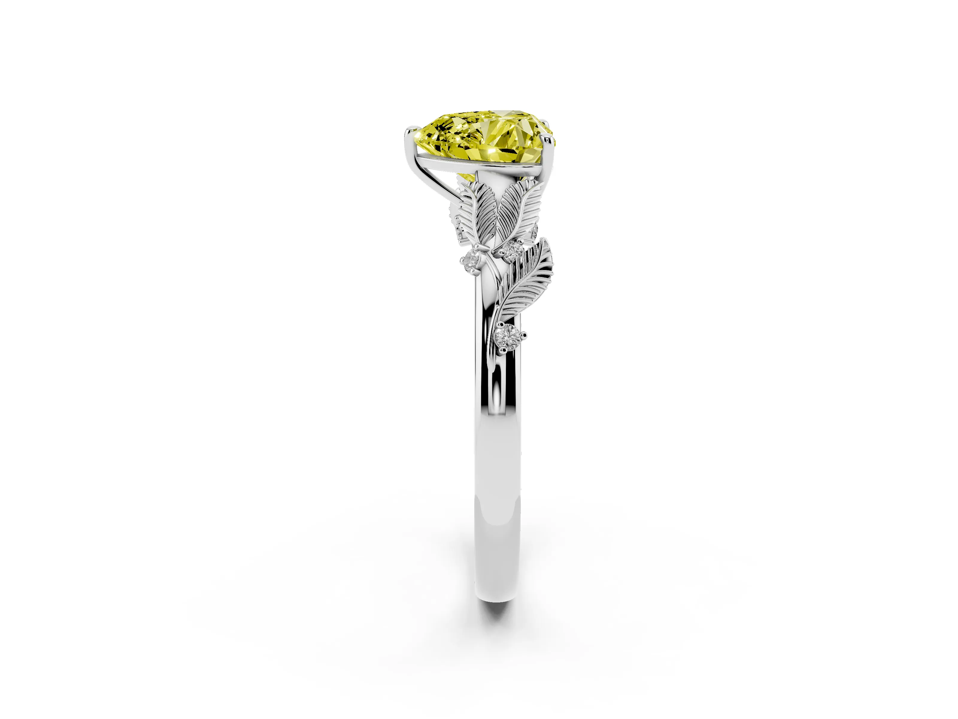 Fancy Yellow Heart Cut Diamond Solitaire Ring Set in White gold with Leaf Motif Band