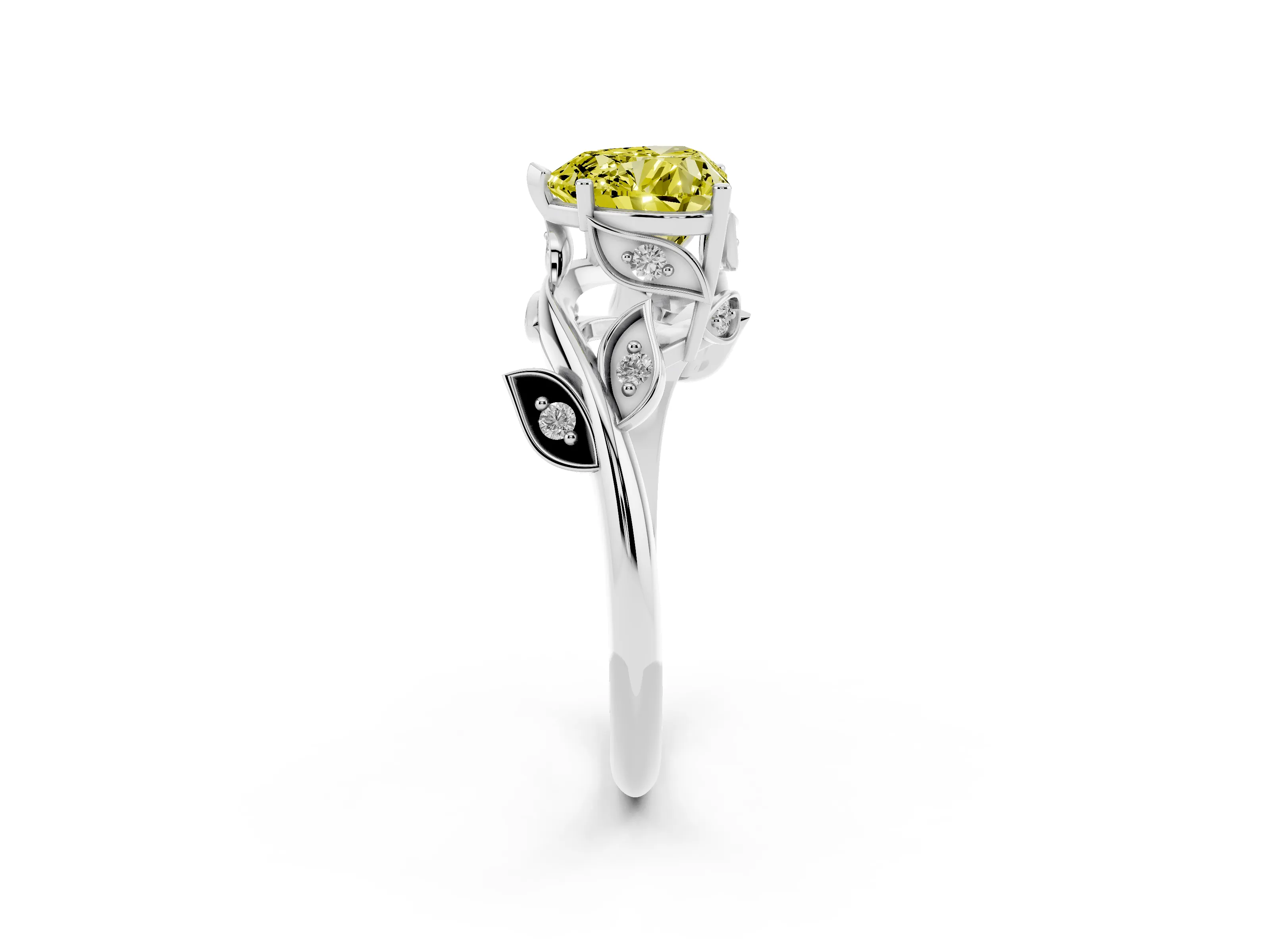Fancy Yellow Heart Cut Diamond Solitaire Twist Engagement Ring Set in Silver with Pavé Leaf Accents