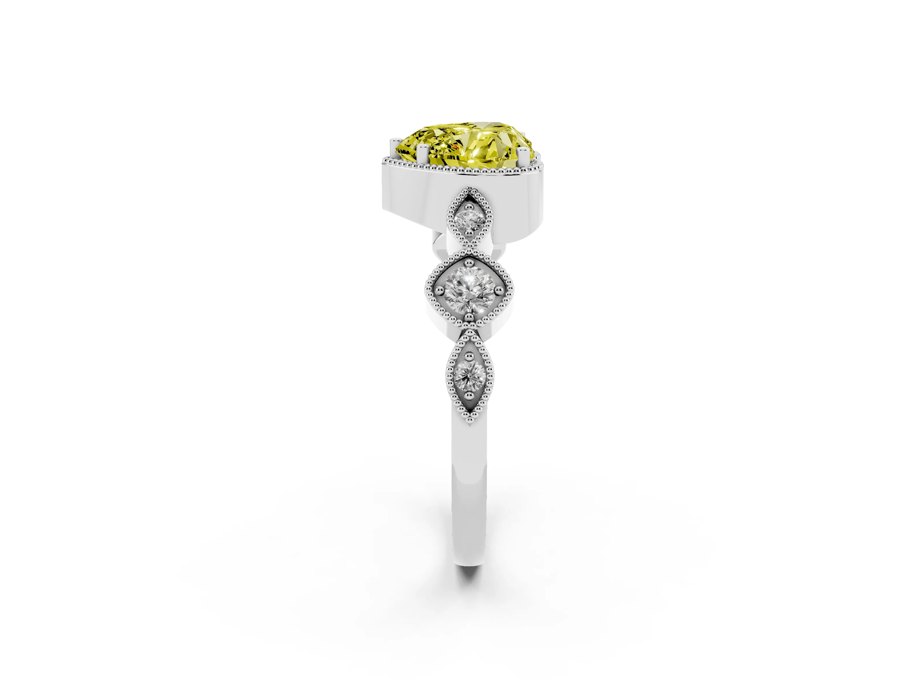Fancy Yellow Heart Cut Diamond Vintage-Inspired Milgrain Ring Set in White gold with Marquise Stations of Round Accents