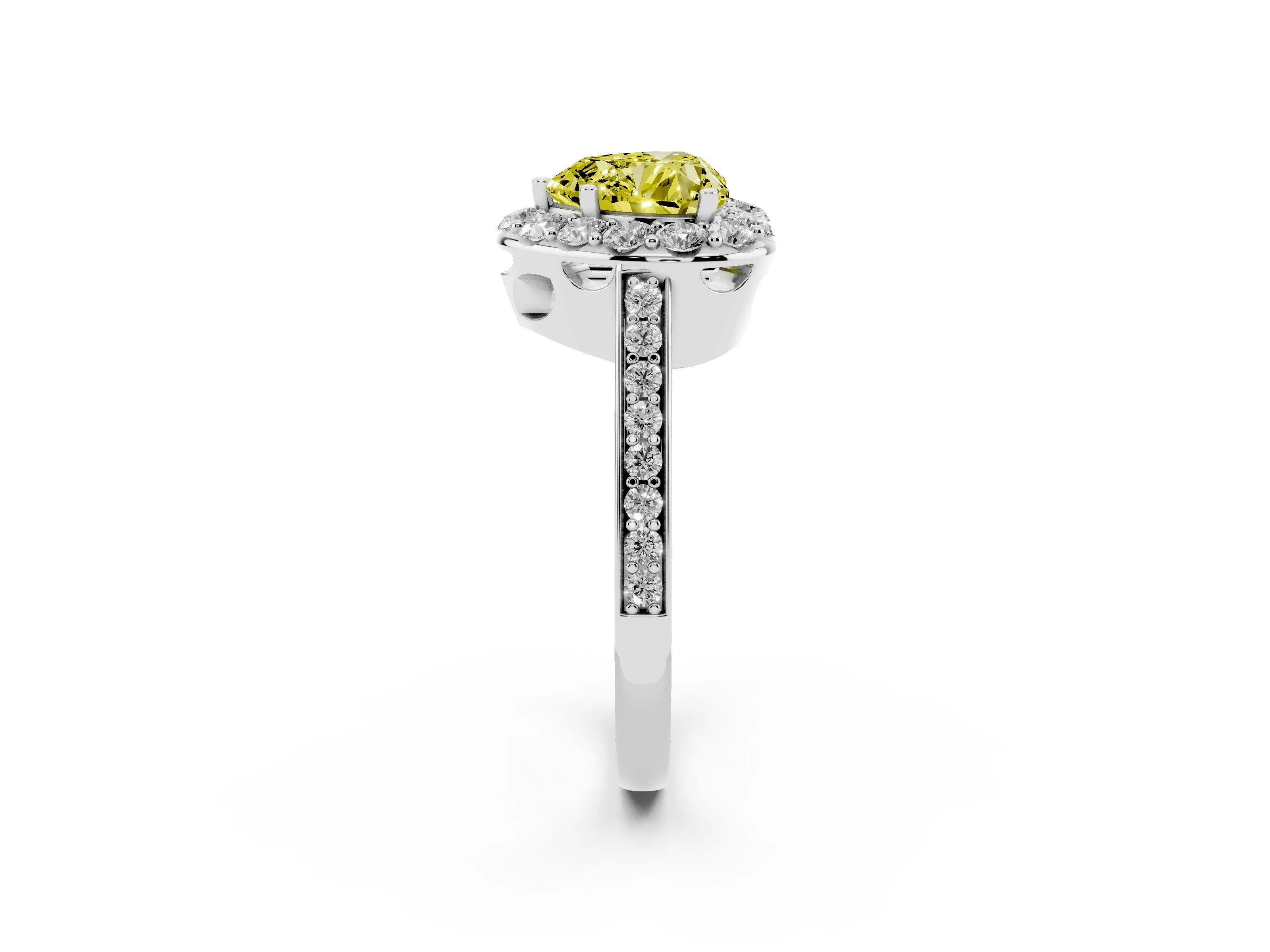 Fancy Yellow Heart Cut Diamond Floral Halo Ring Set in White gold with Pavé Band and Prong Setting