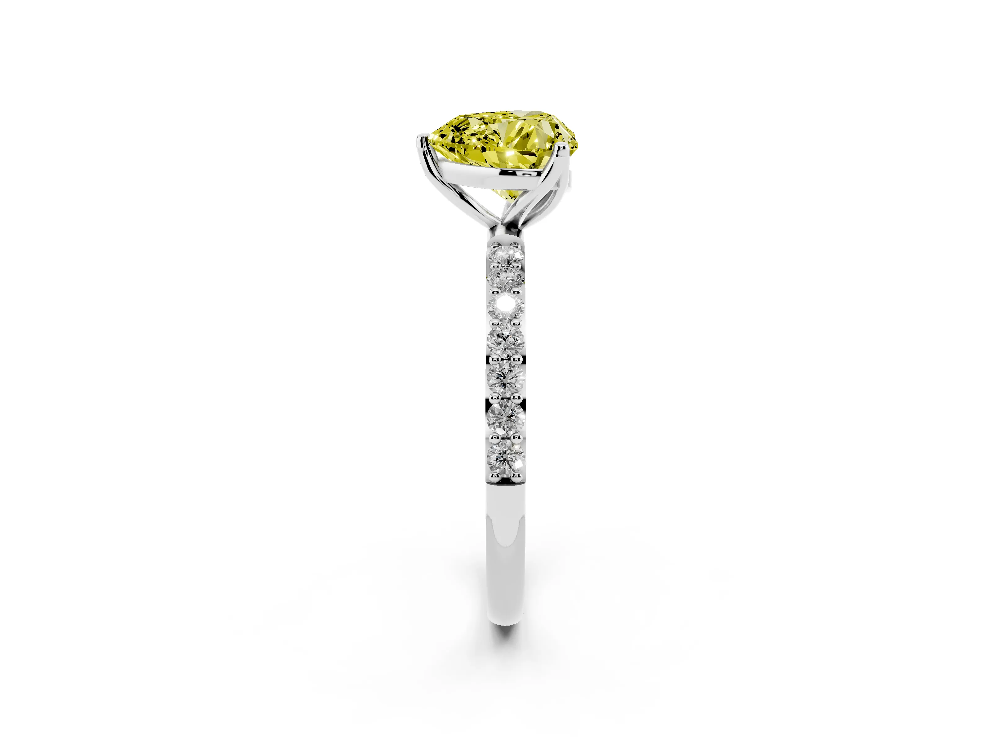 Fancy Yellow Heart Cut Diamond Solitaire Engagement Ring Set in Platinum with Round Pavé Band and Prong Setting