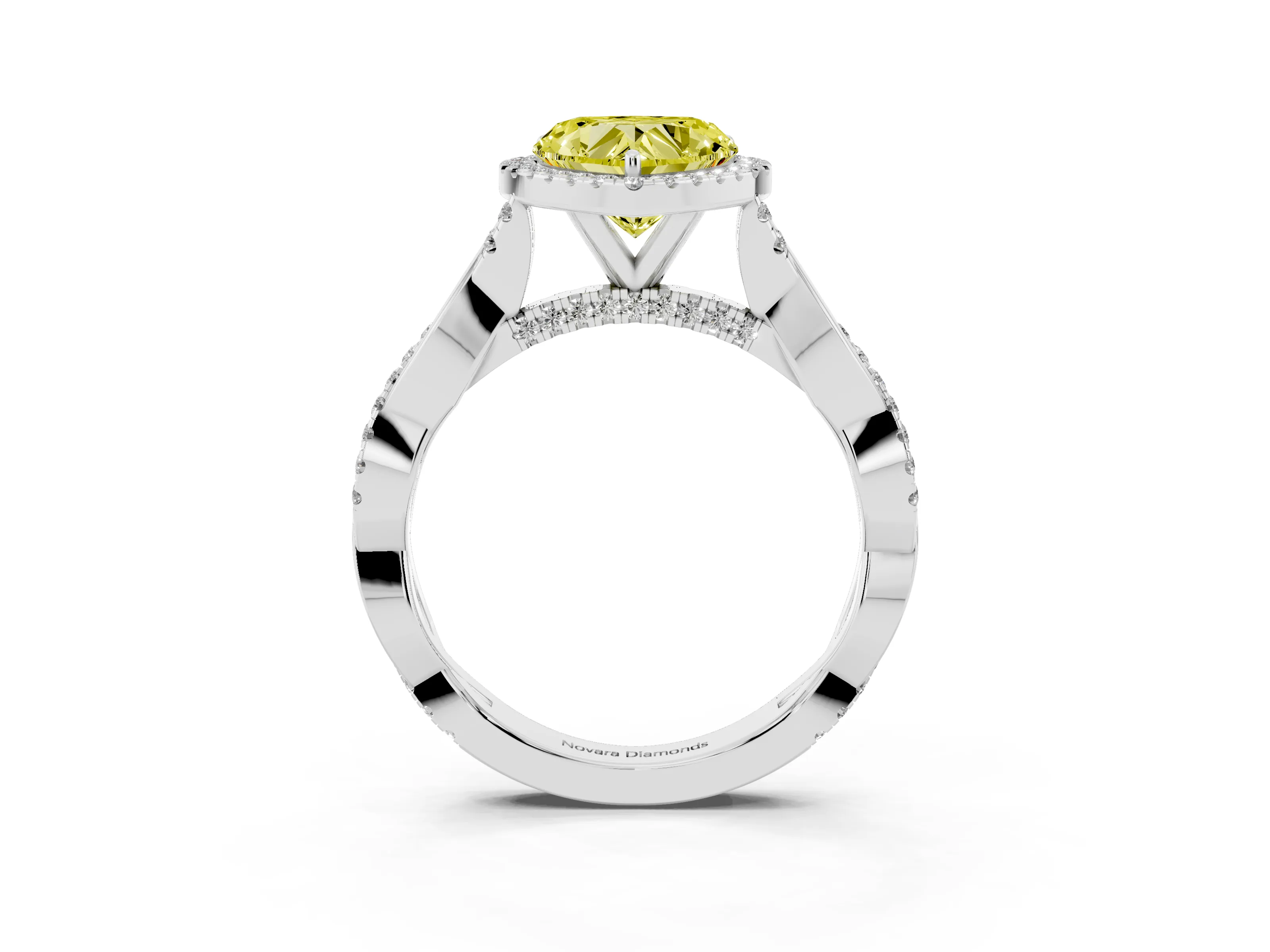 Fancy Yellow Heart Cut Diamond Halo Twist Band Solitaire Ring Set in White gold with Prong Setting