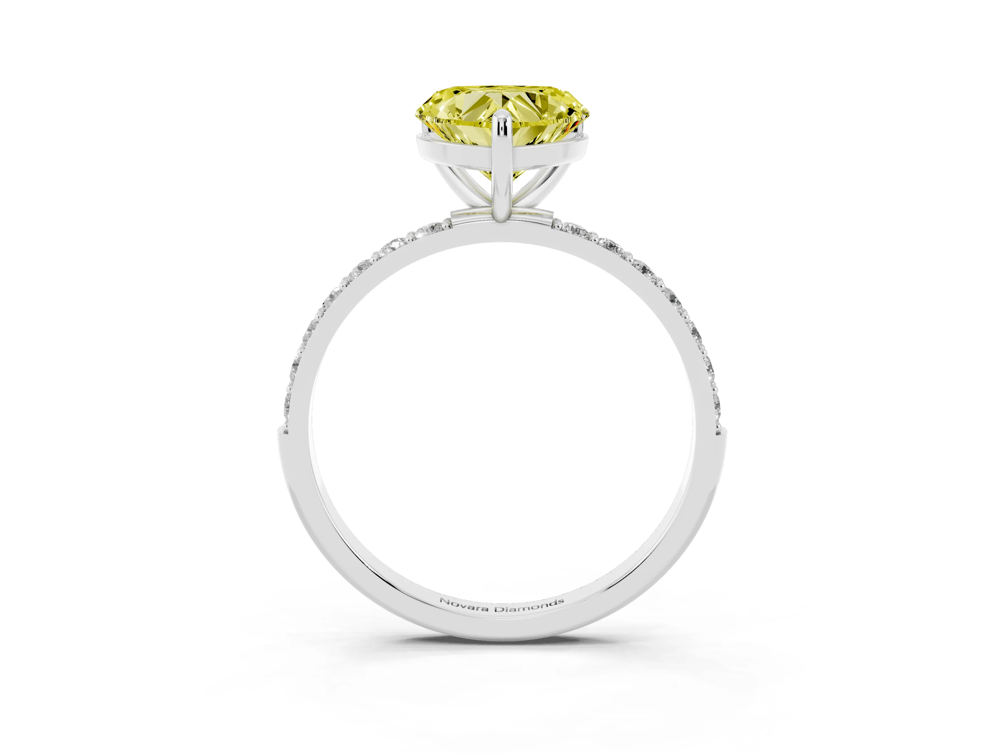Fancy Yellow Heart Cut Diamond Solitaire Ring Set in Platinum with Round Pavé Band and Prong Setting