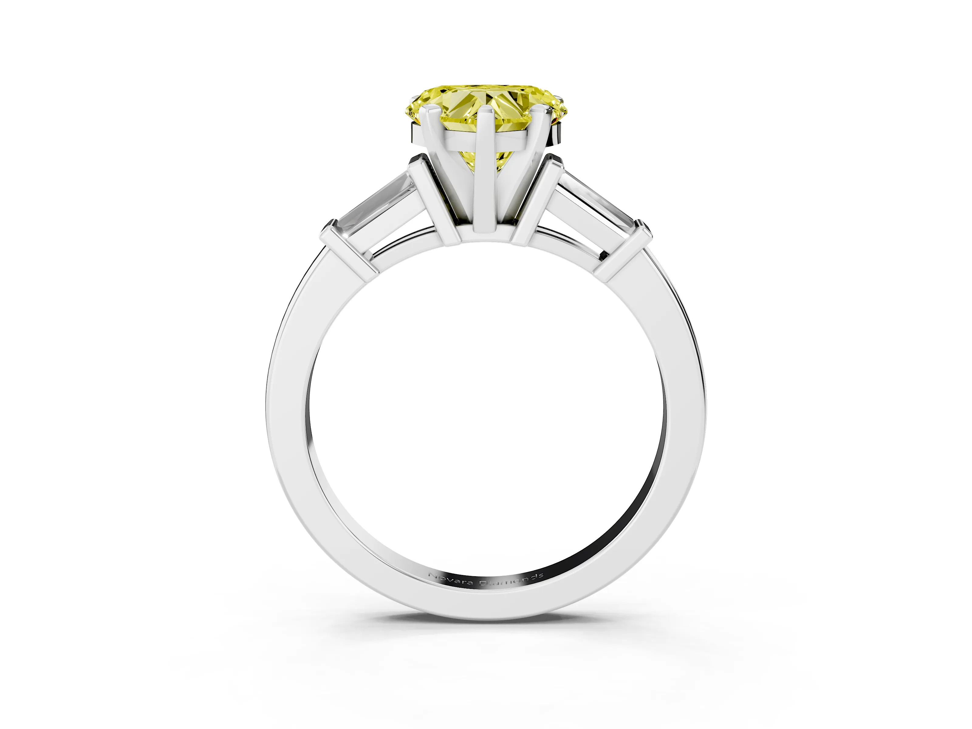 Fancy Yellow Heart Cut Diamond Solitaire Ring Set in White gold with Tapered Baguette Accents and Prong Setting