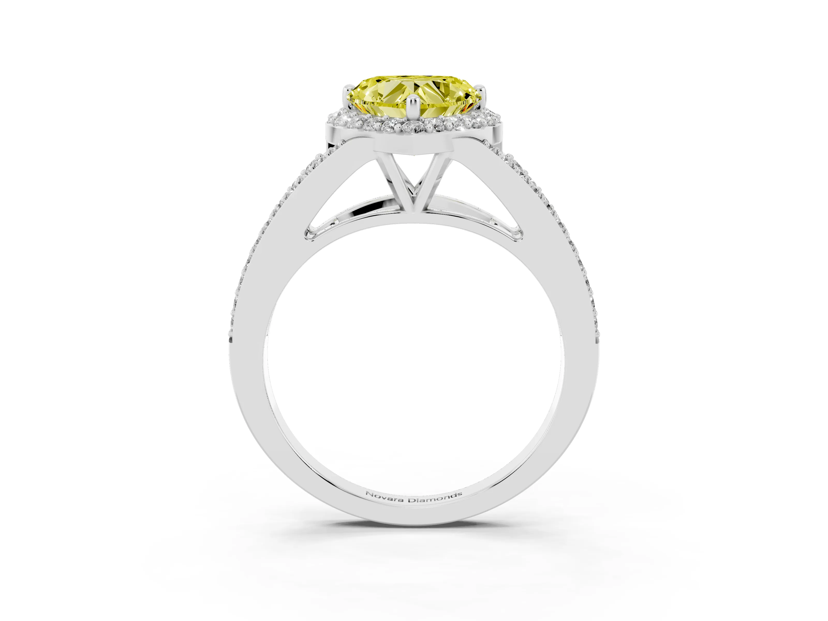 Fancy Yellow Heart Cut Diamond Halo Split Shank Pavé Ring Set in Silver with Prong Setting