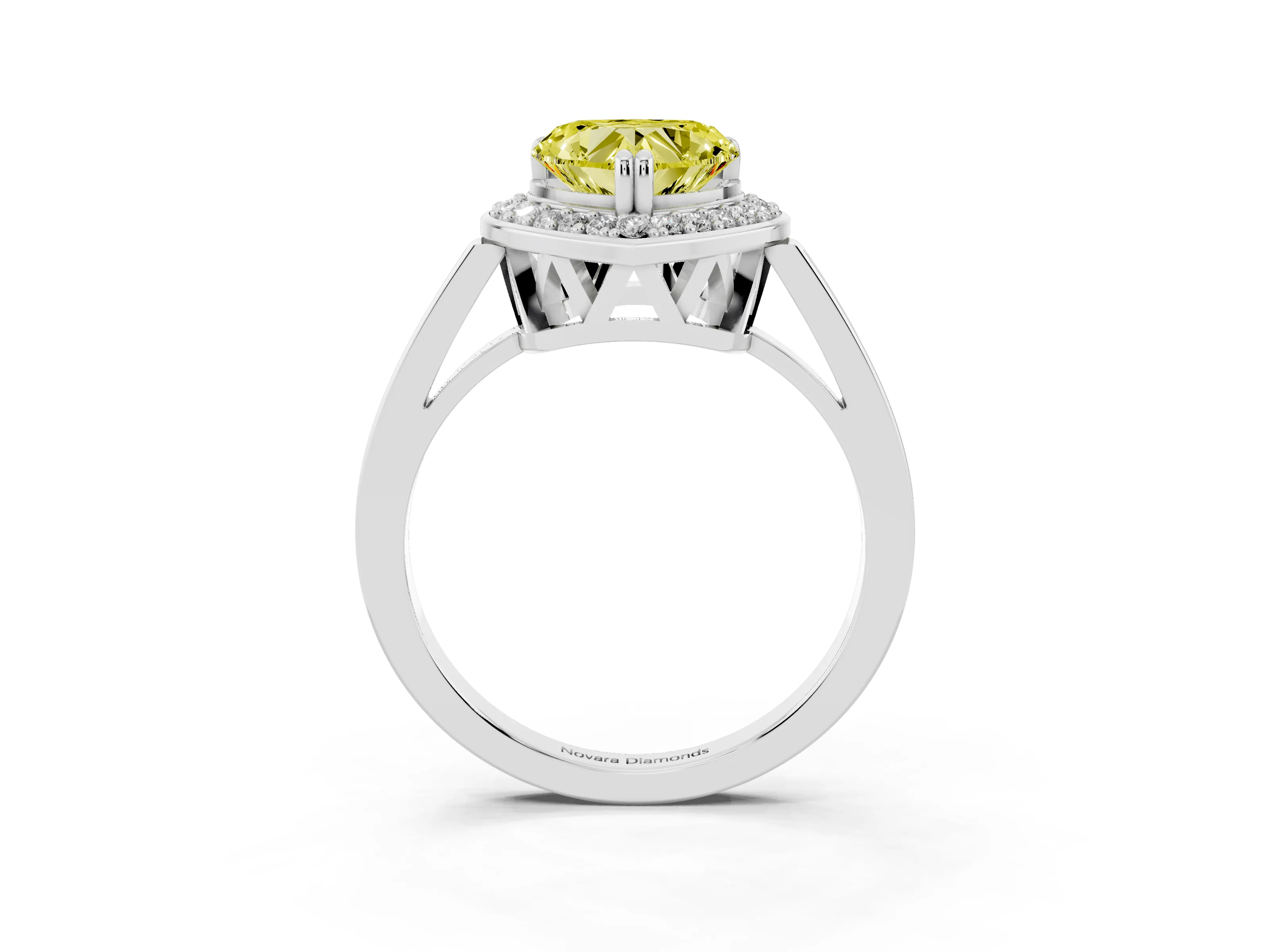 Fancy Yellow Heart Cut Diamond Halo Ring Set in White gold with Accent-Lined Split Shank and Prong Setting