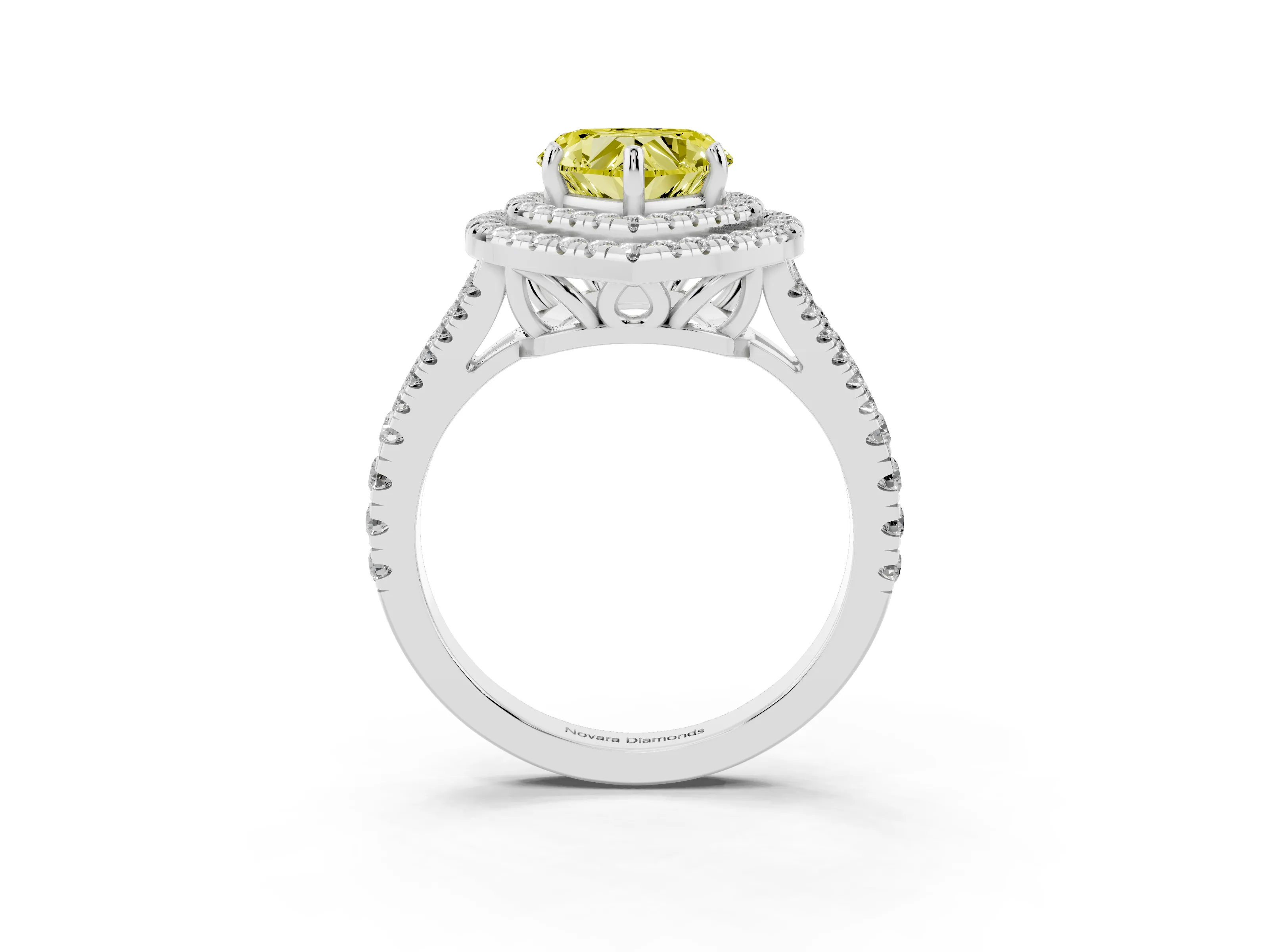 Fancy Yellow Heart Cut Diamond Double Halo Ring Set in Platinum with Pavé Band