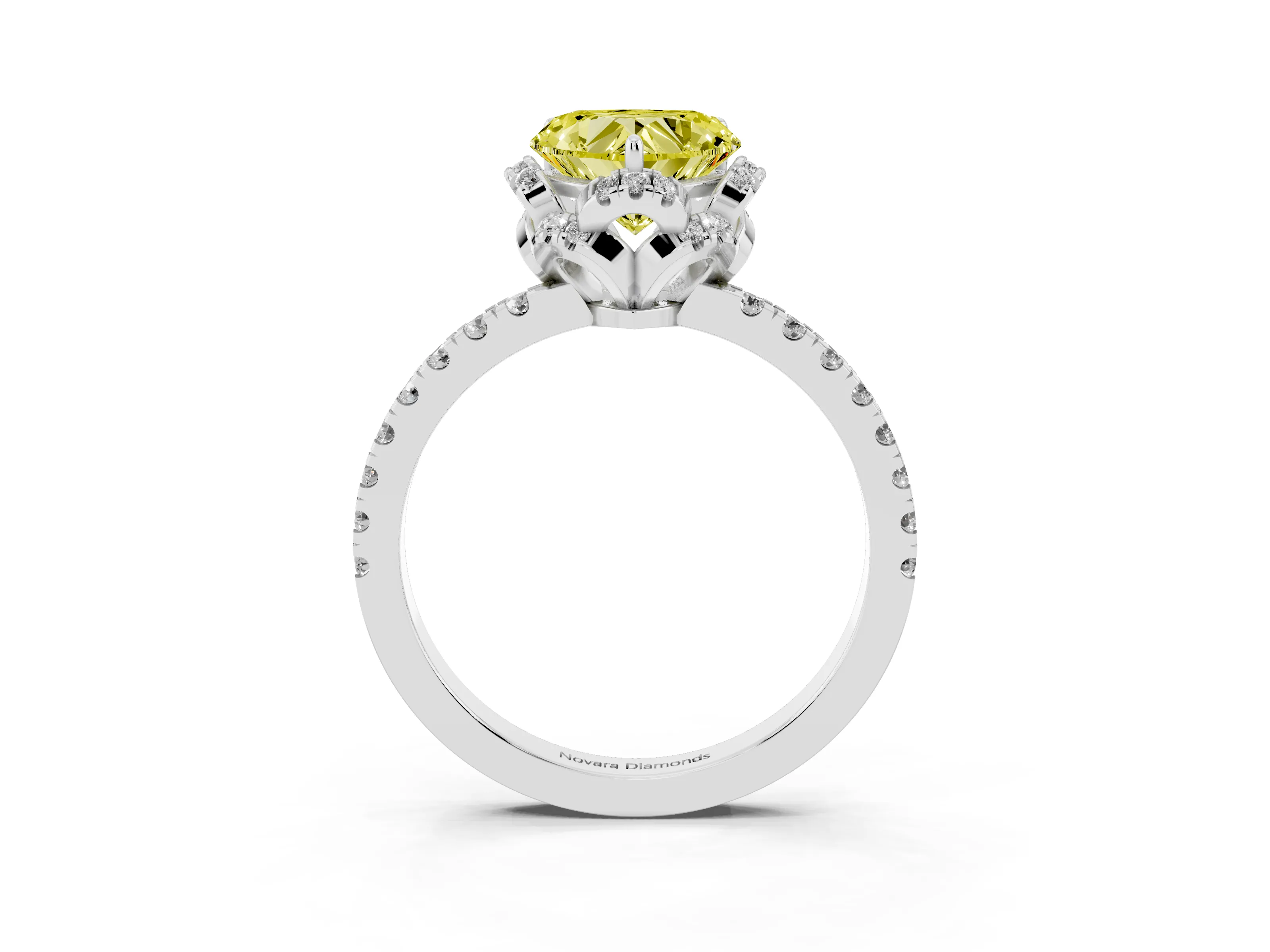 Fancy Yellow Heart Cut Diamond Halo Pavé Band Ring Set in White gold with Prong-Held Center