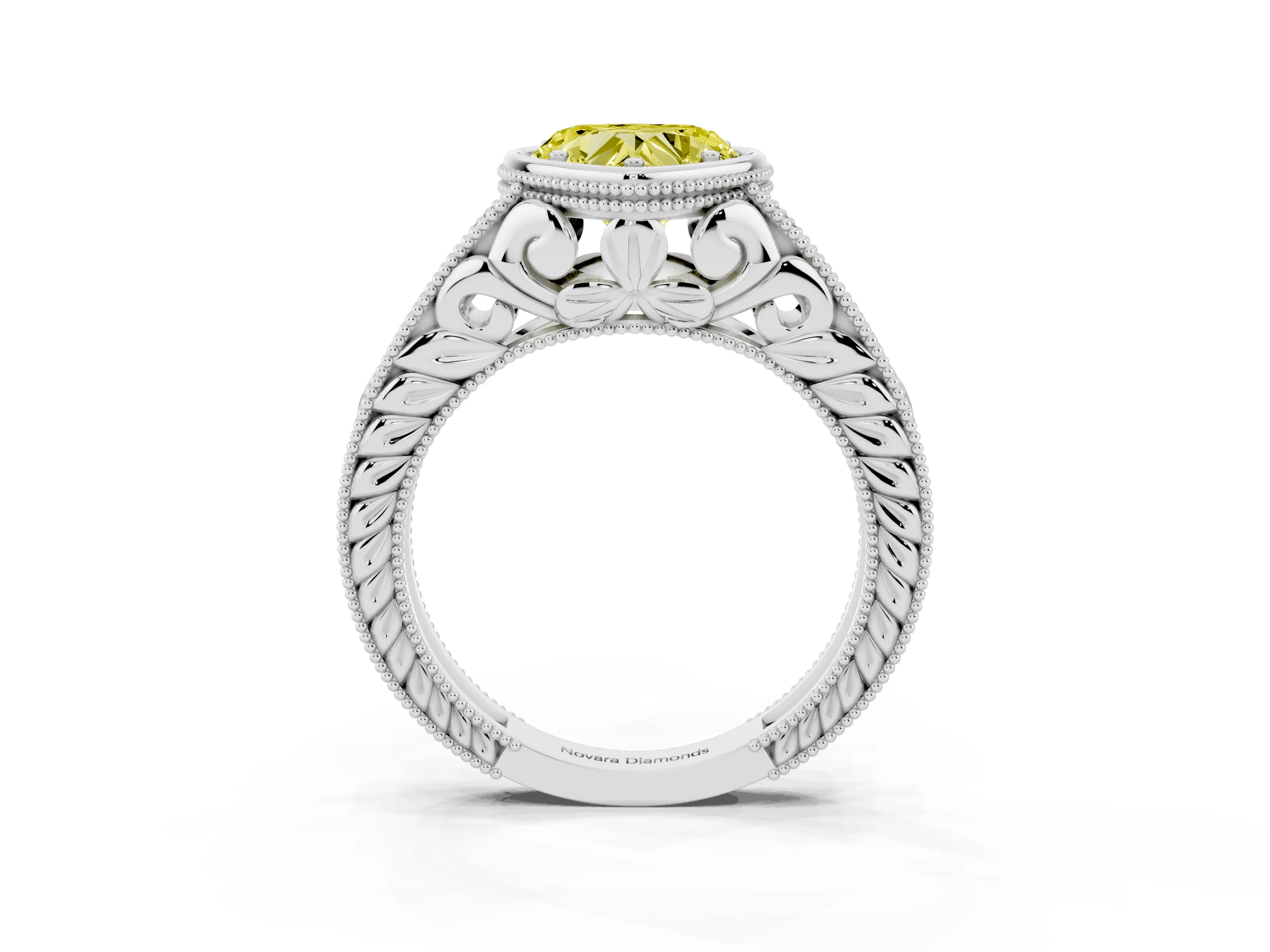 Fancy Yellow Bezel Set Heart Cut Diamond Milgrain Pavé Engagement Ring Set in Silver