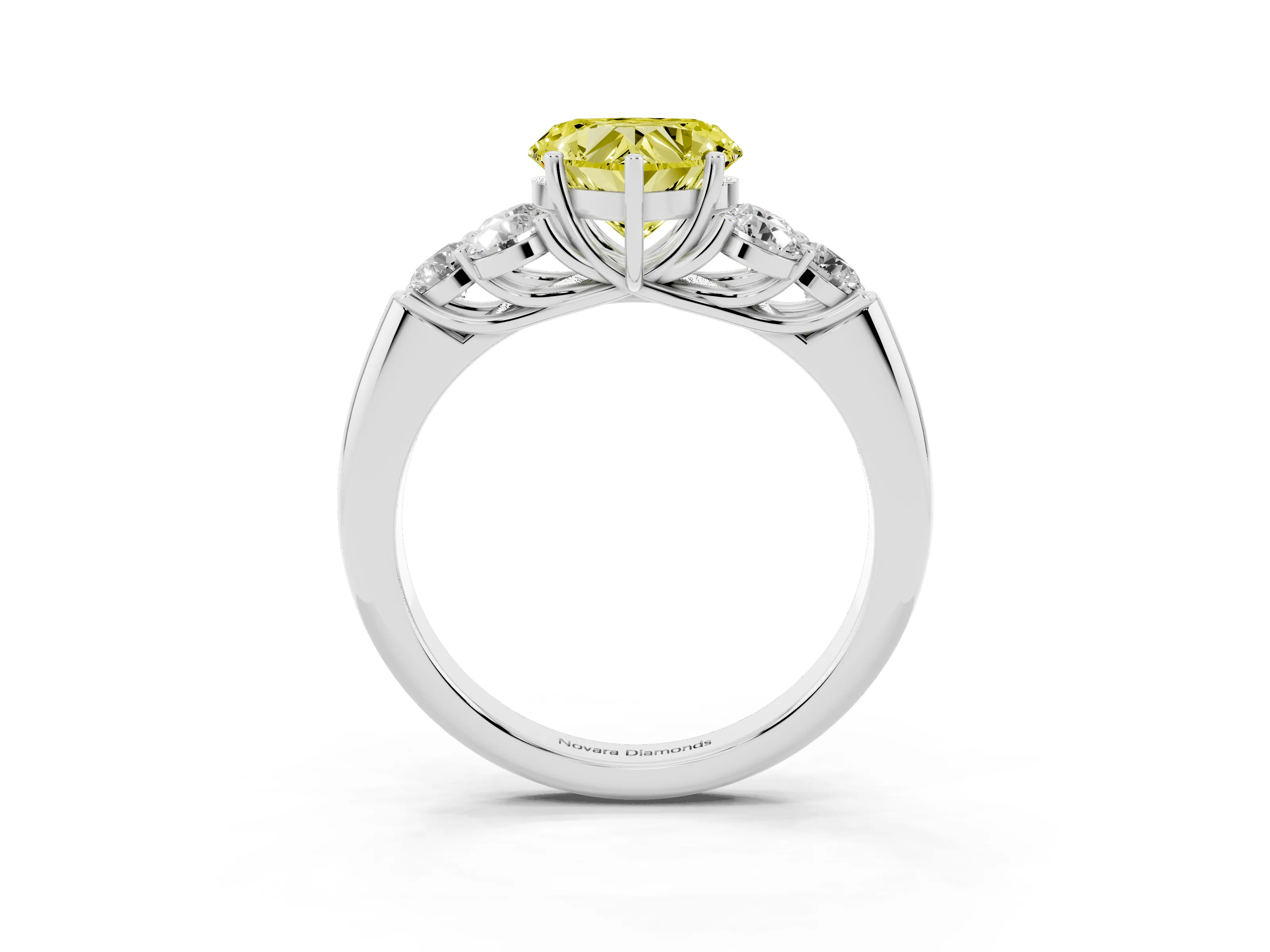 Fancy Yellow Heart Cut Diamond Cluster Ring Set in Silver with Round Accent Stones and Prong Setting on a Plain Band