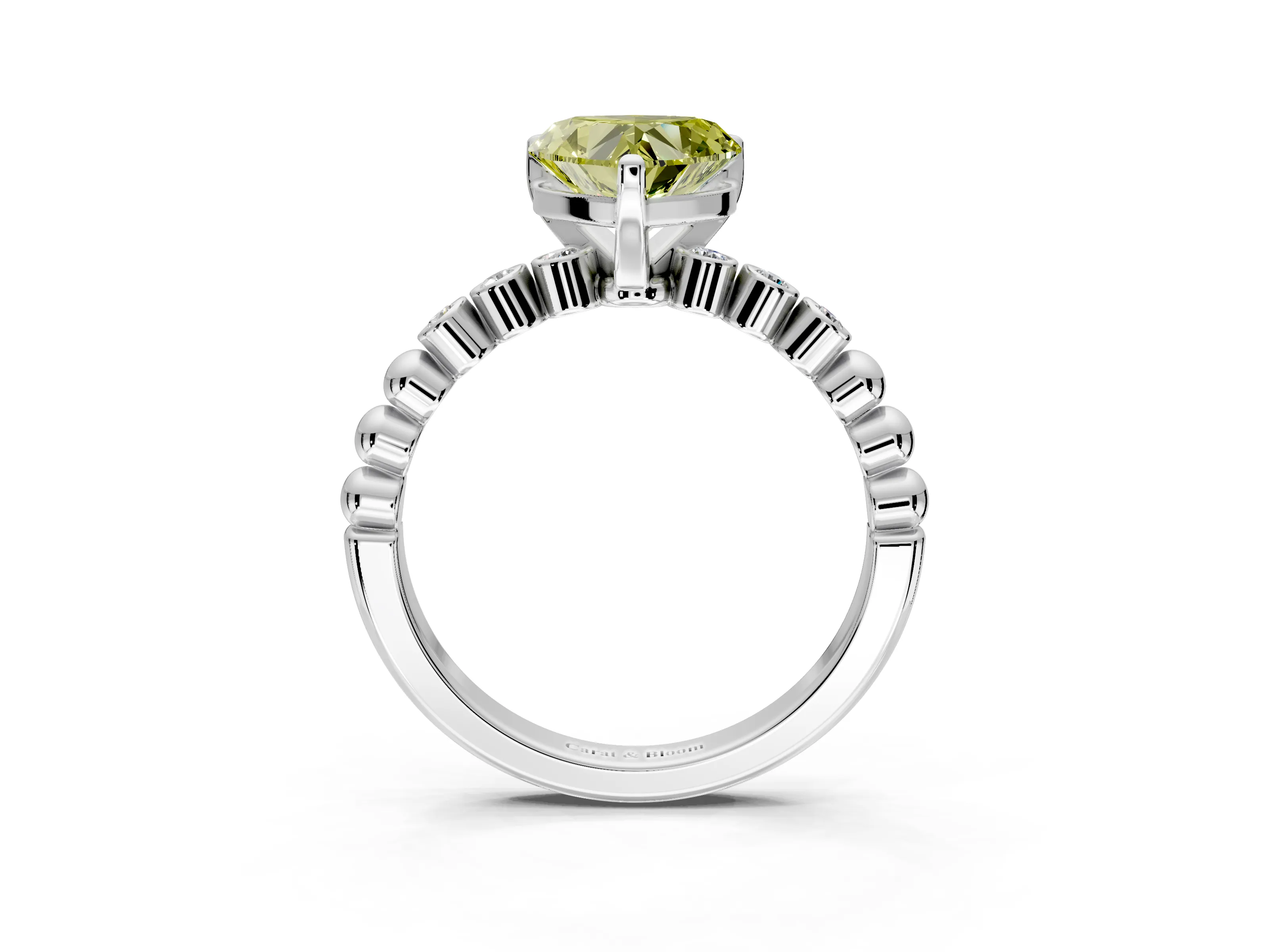 Solitaire Engagement Ring Setting for Fancy Yellow Heart-Shaped Center with Bezel-Dot Beaded Band and Prong Head in White Gold