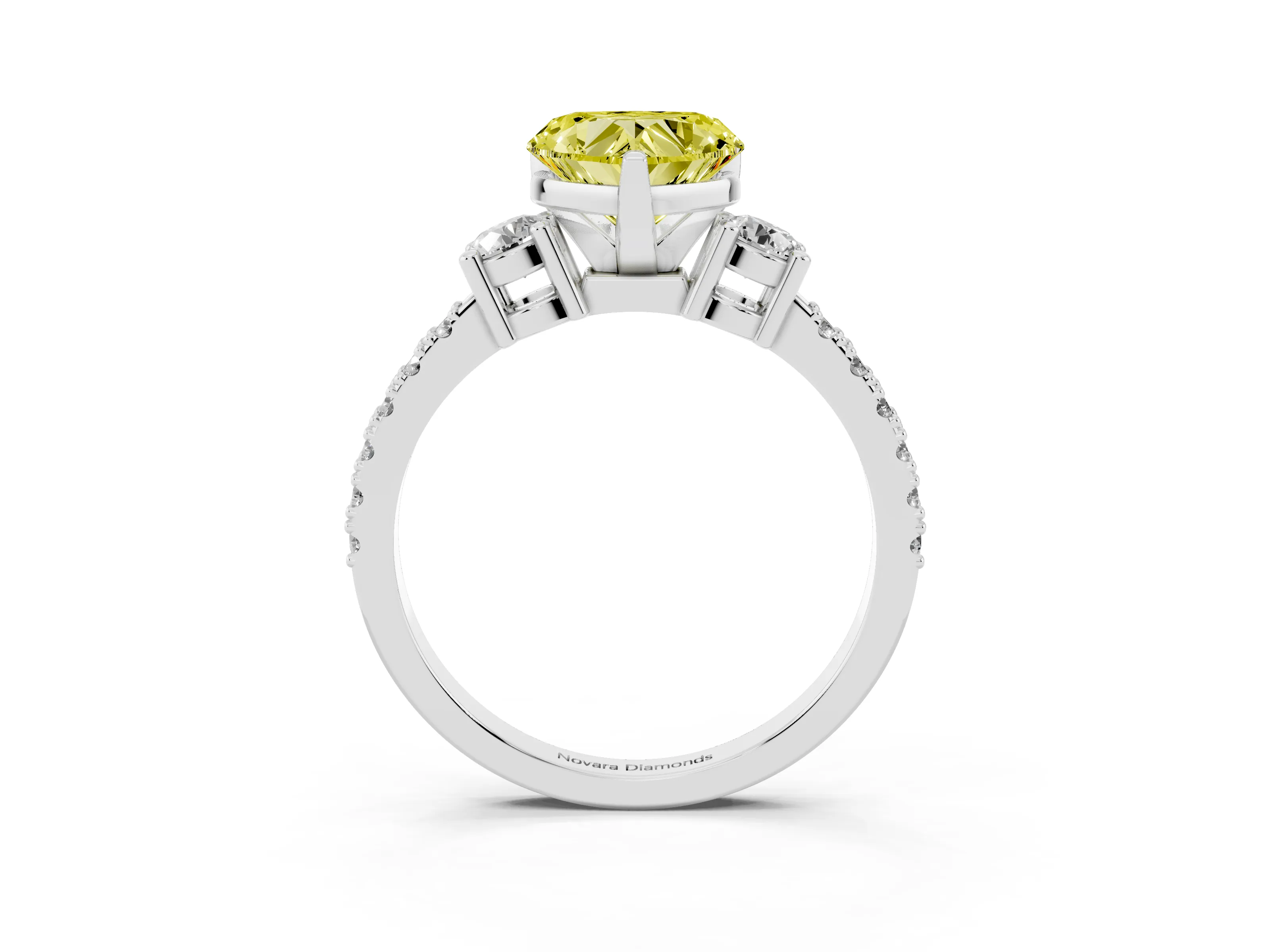 Fancy Yellow Three-Stone Heart Cut Diamond Pavé Band Ring Set in White gold with Prong Setting