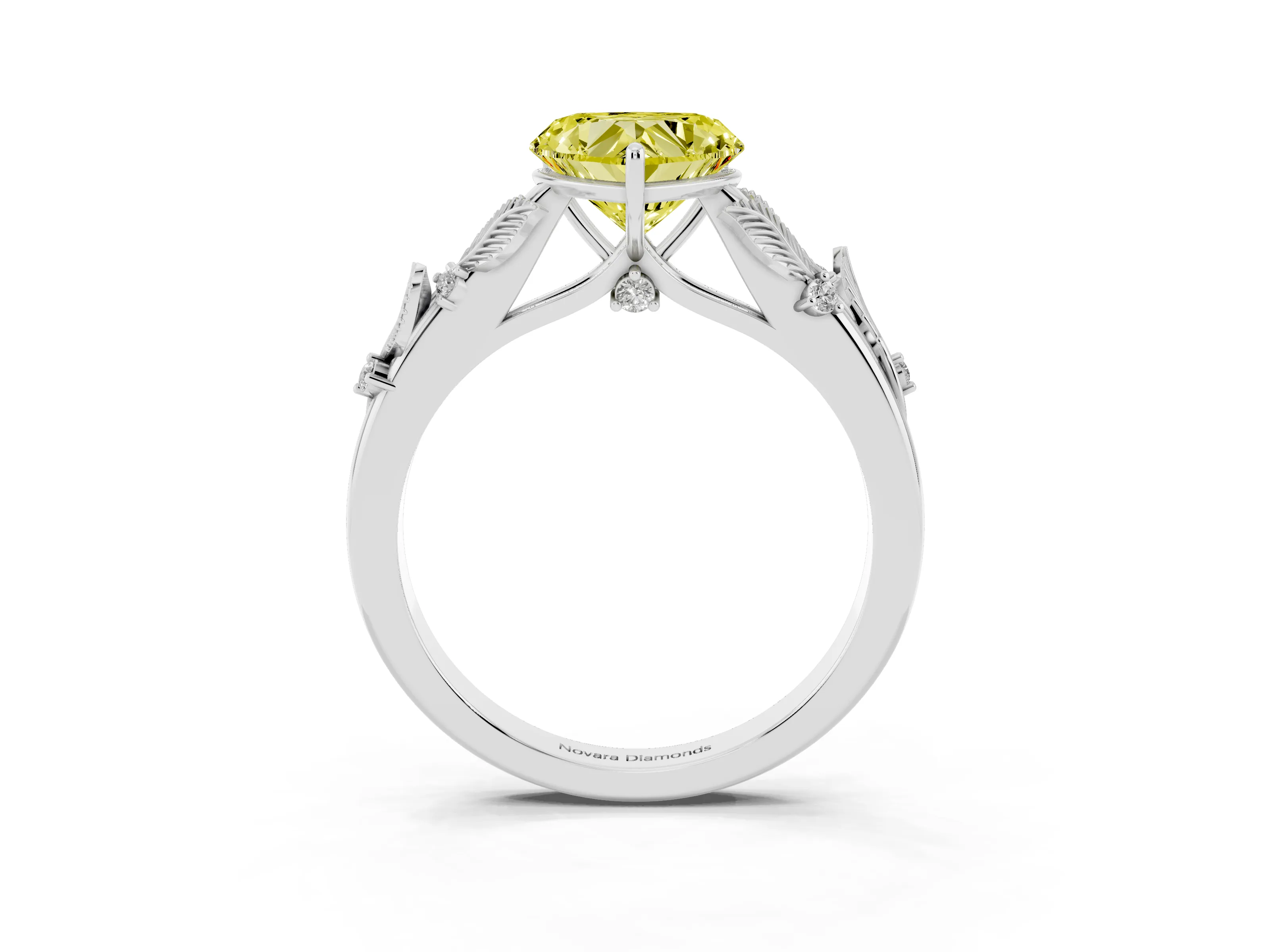 Fancy Yellow Heart Cut Diamond Solitaire Ring Set in White gold with Leaf Motif Band