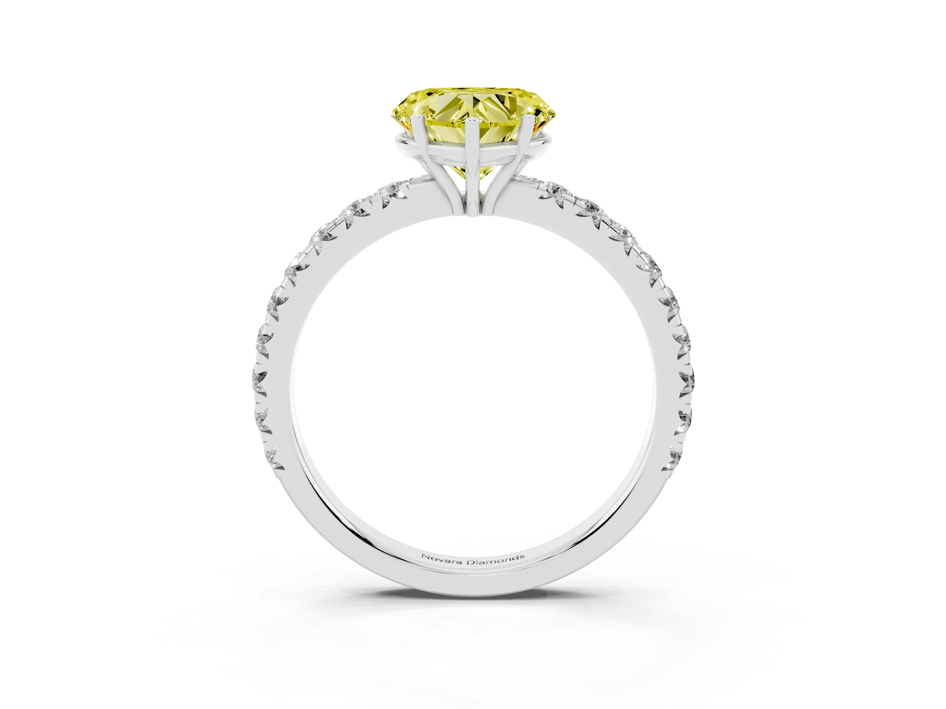 Fancy Yellow Heart Cut Diamond Pavé Solitaire Engagement Ring Set in White gold with Prong Setting