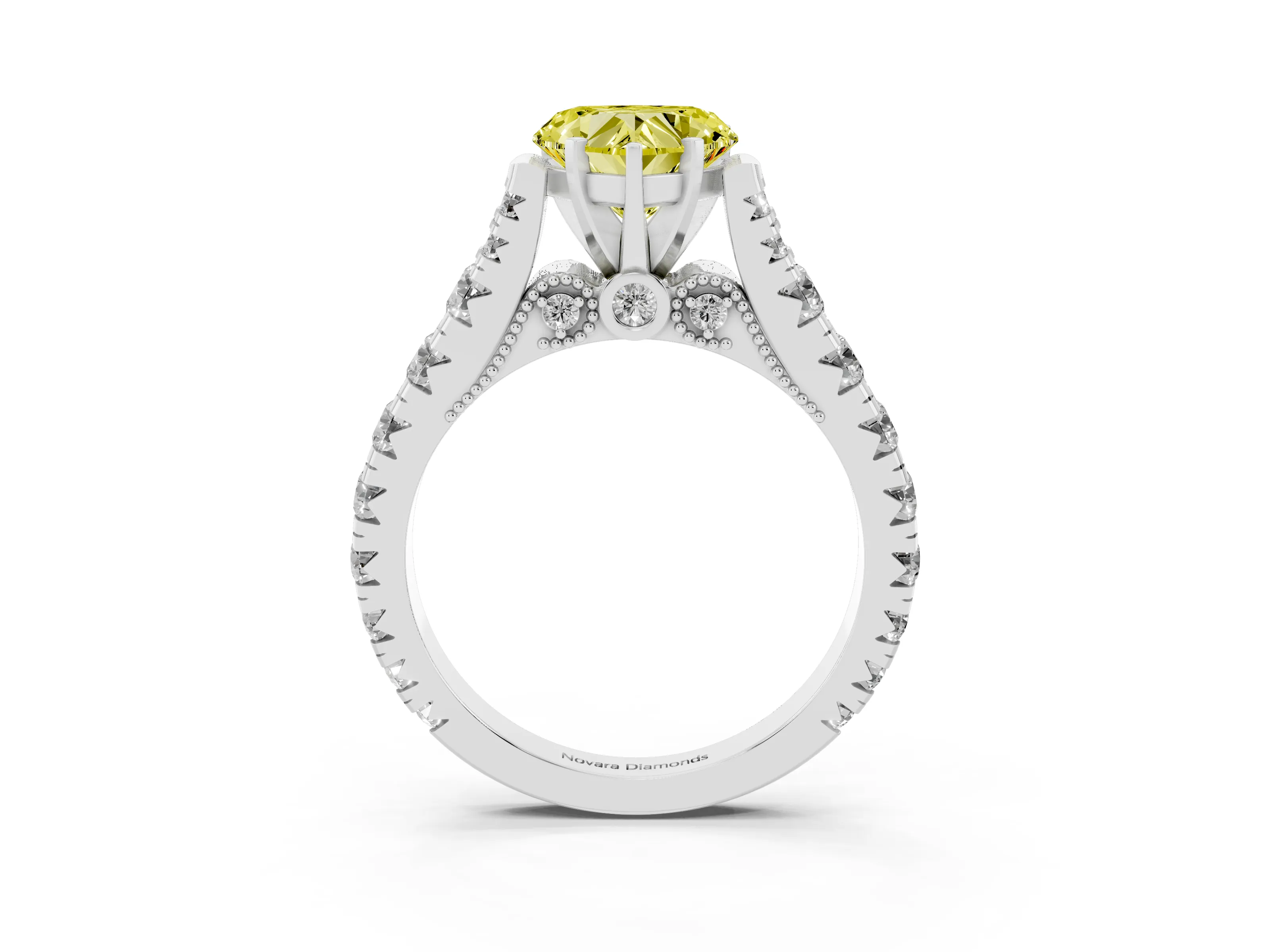 Fancy Yellow Heart Cut Diamond Classic Solitaire Ring Set in Silver with Pavé Band and Prong Setting