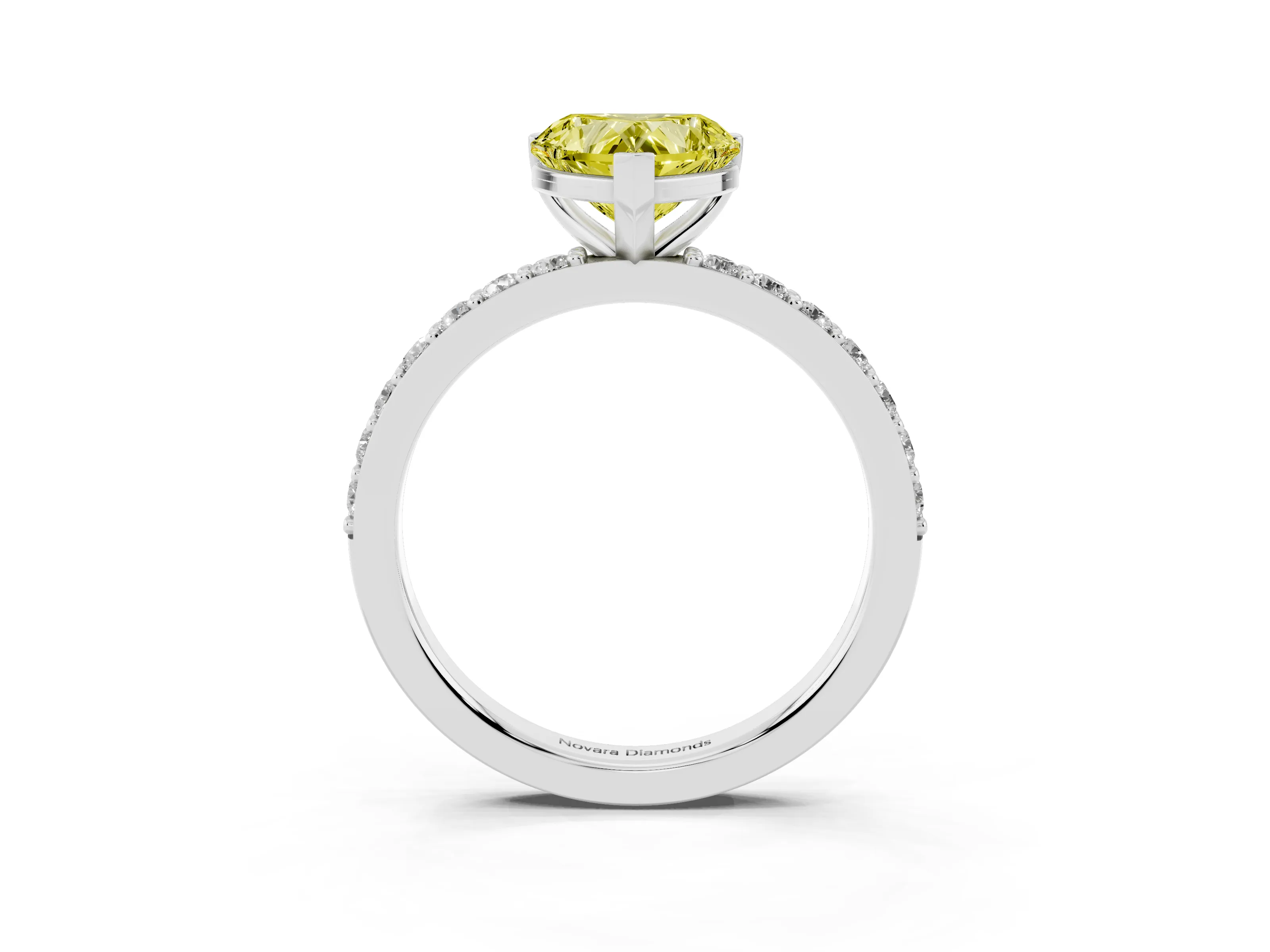 Fancy Yellow Heart Cut Diamond Solitaire Set in White gold with Round Pavé Band and Prong Setting