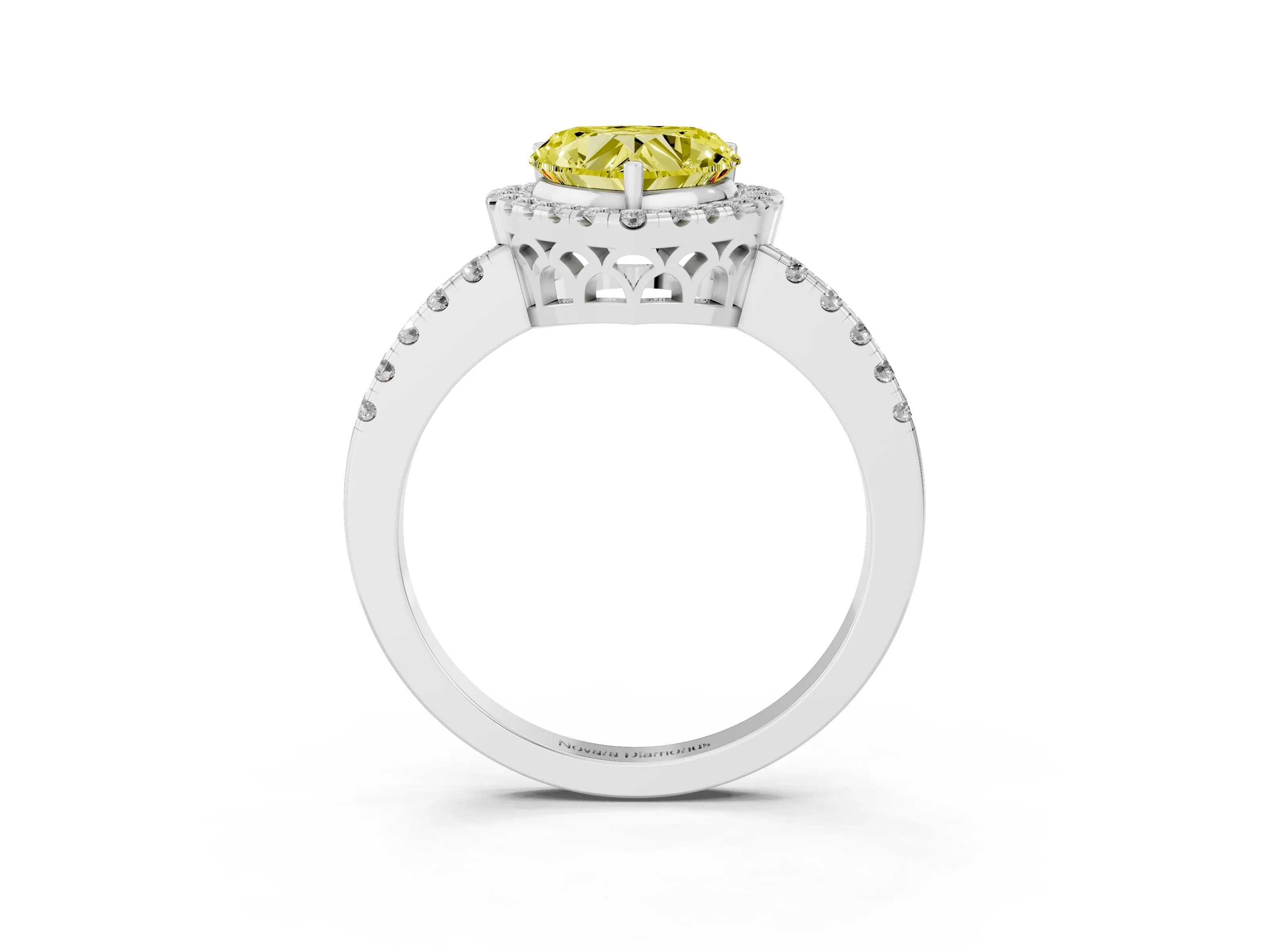Fancy Yellow Heart Cut Diamond Pavé Band Halo Engagement Ring Set in White gold with Prong Setting