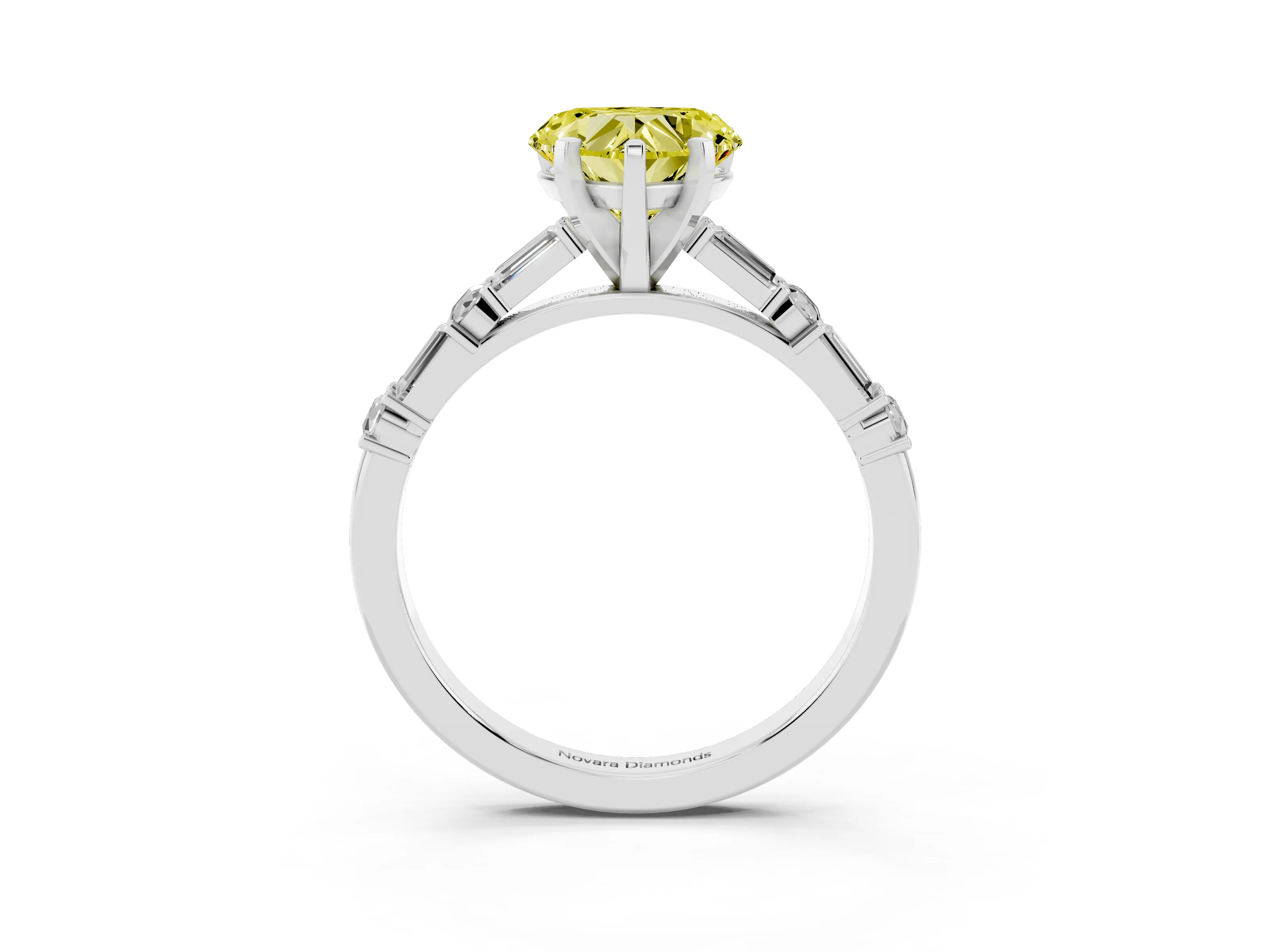 Fancy Yellow Heart Cut Diamond Solitaire Set in Silver with Side Baguettes and Channel Set Band