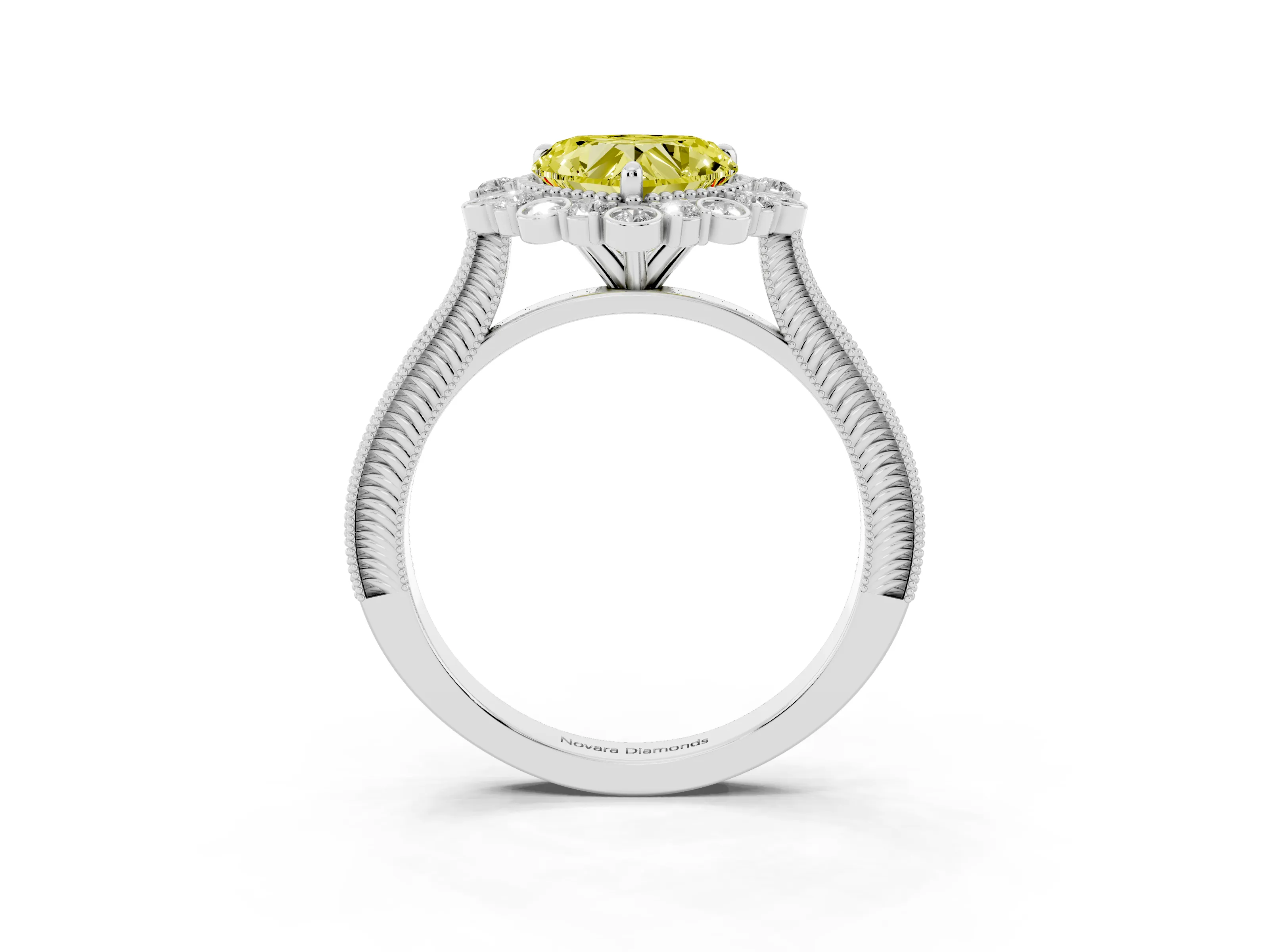 Fancy Yellow Heart Cut Diamond Halo Milgrain Pavé Ring Set in White gold with Prong Setting
