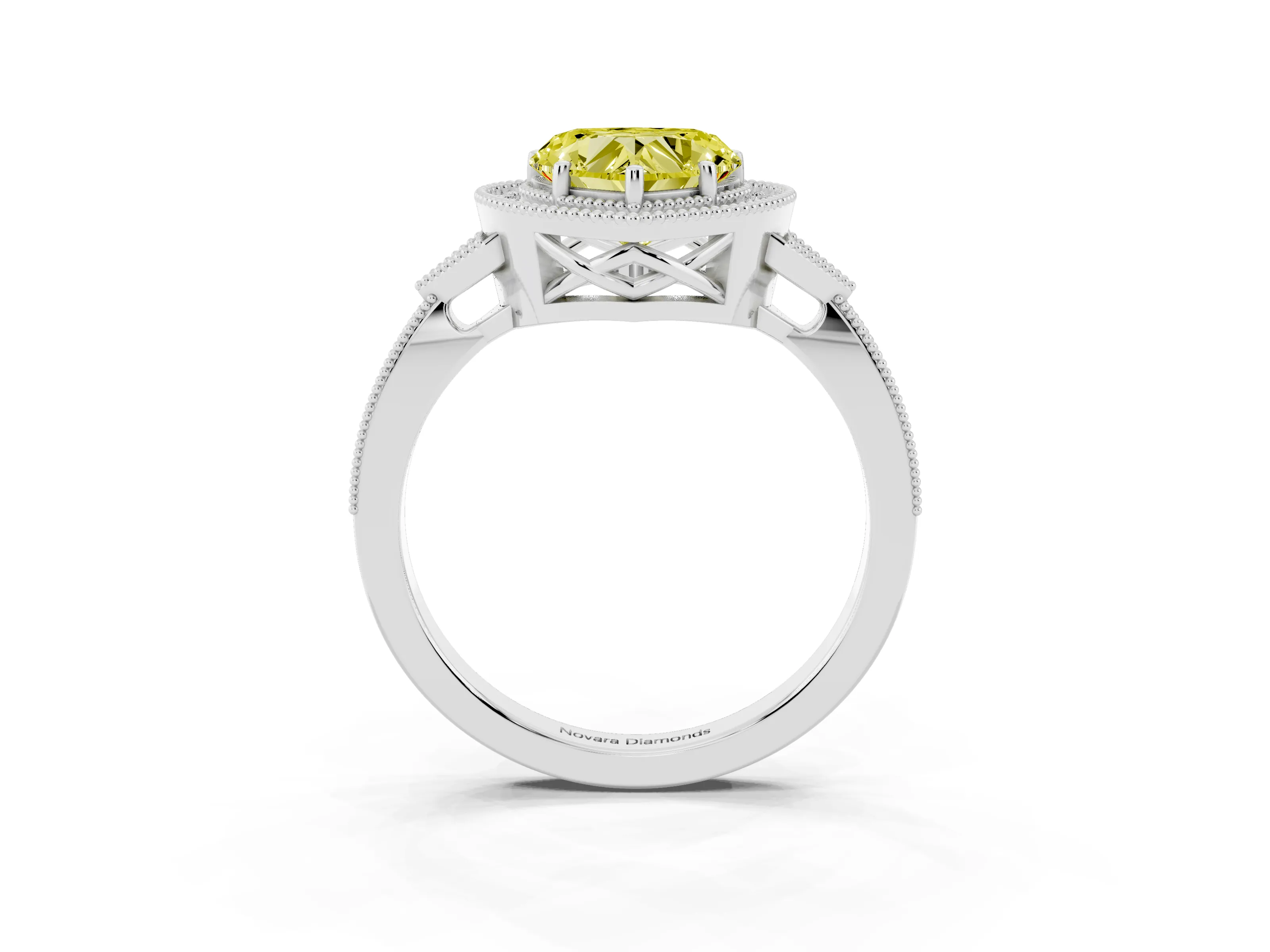 Fancy Yellow Heart Cut Diamond Halo Engagement Ring Set in White gold with Milgrain Pavé Band